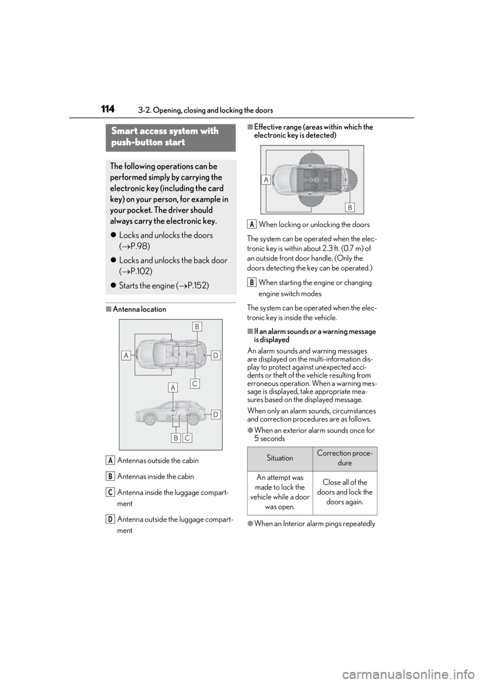 LEXUS UX200 2019  Owners Manual 1143-2. Opening, closing and locking the doors
■Antenna locationAntennas outside the cabin
Antennas inside the cabin
Antenna inside the luggage compart-
ment
Antenna outside the luggage compart-
men