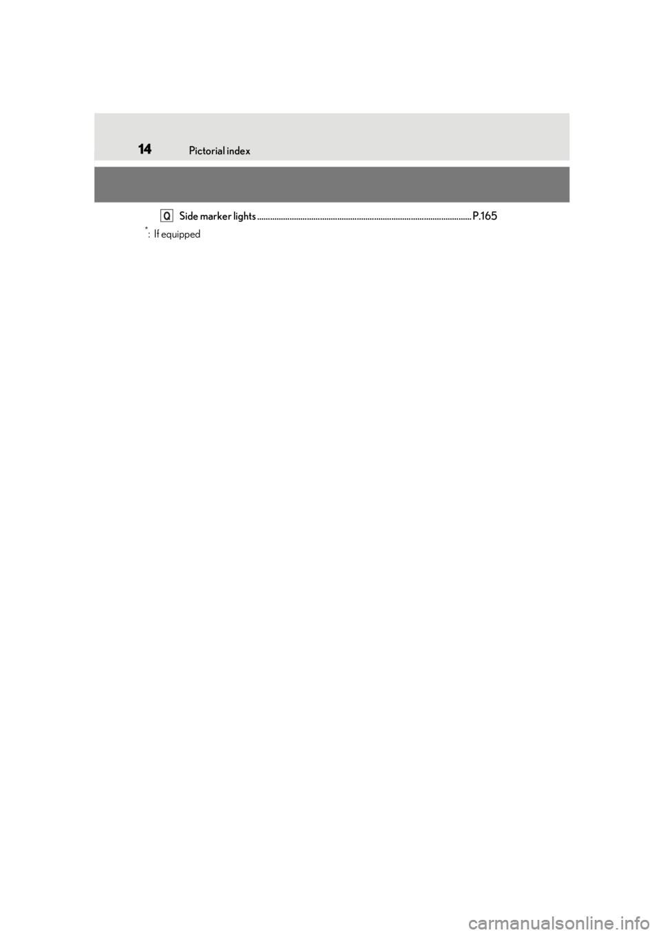LEXUS UX200 2019 User Guide 14Pictorial index
Side marker lights ................................................................................................... P.165
*:If equipped
Q 