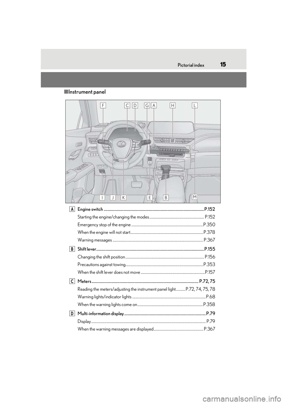 LEXUS UX200 2019 User Guide 15Pictorial index
■Instrument panel
Engine switch ........................................................................................................... P.152
Starting the engine/changing the m