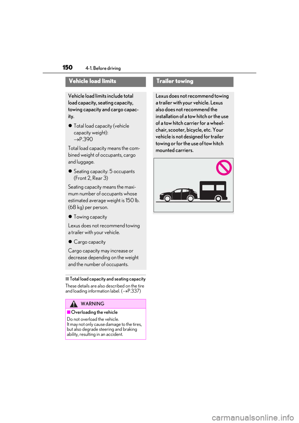 LEXUS UX200 2019  Owners Manual 1504-1. Before driving
■Total load capacity and seating capacity
These details are also described on the tire 
and loading information label. ( P.337)
Vehicle load limits
Vehicle load limits incl