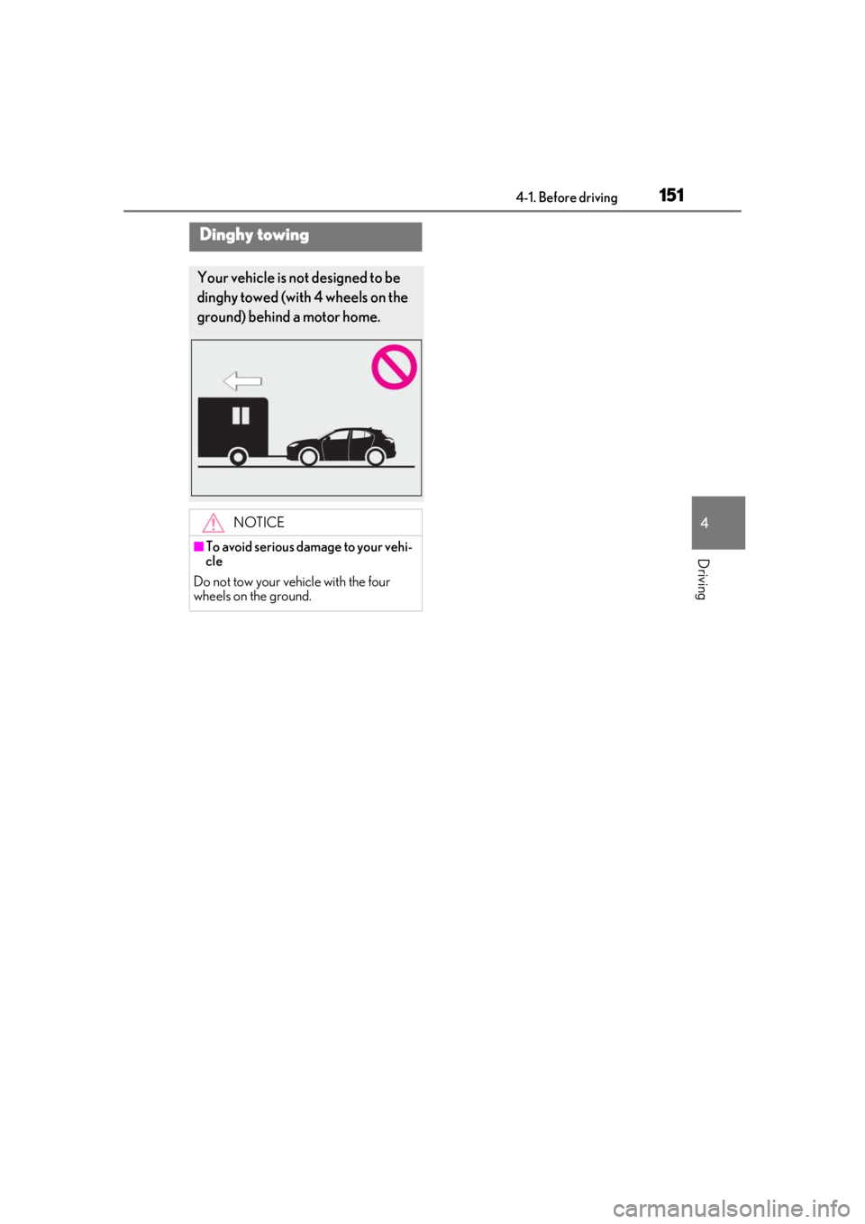 LEXUS UX200 2019 Owners Manual 1514-1. Before driving
4
Driving
Dinghy towing
Your vehicle is not designed to be
dinghy towed (with 4 wheels on the
ground) behind a motor home.
NOTICE
■To avoid serious damage to your vehi-
cle
LEXUS UX200 2019 Owners Manual 1514-1. Before driving
4
Driving
Dinghy towing
Your vehicle is not designed to be
dinghy towed (with 4 wheels on the
ground) behind a motor home.
NOTICE
■To avoid serious damage to your vehi-
cle