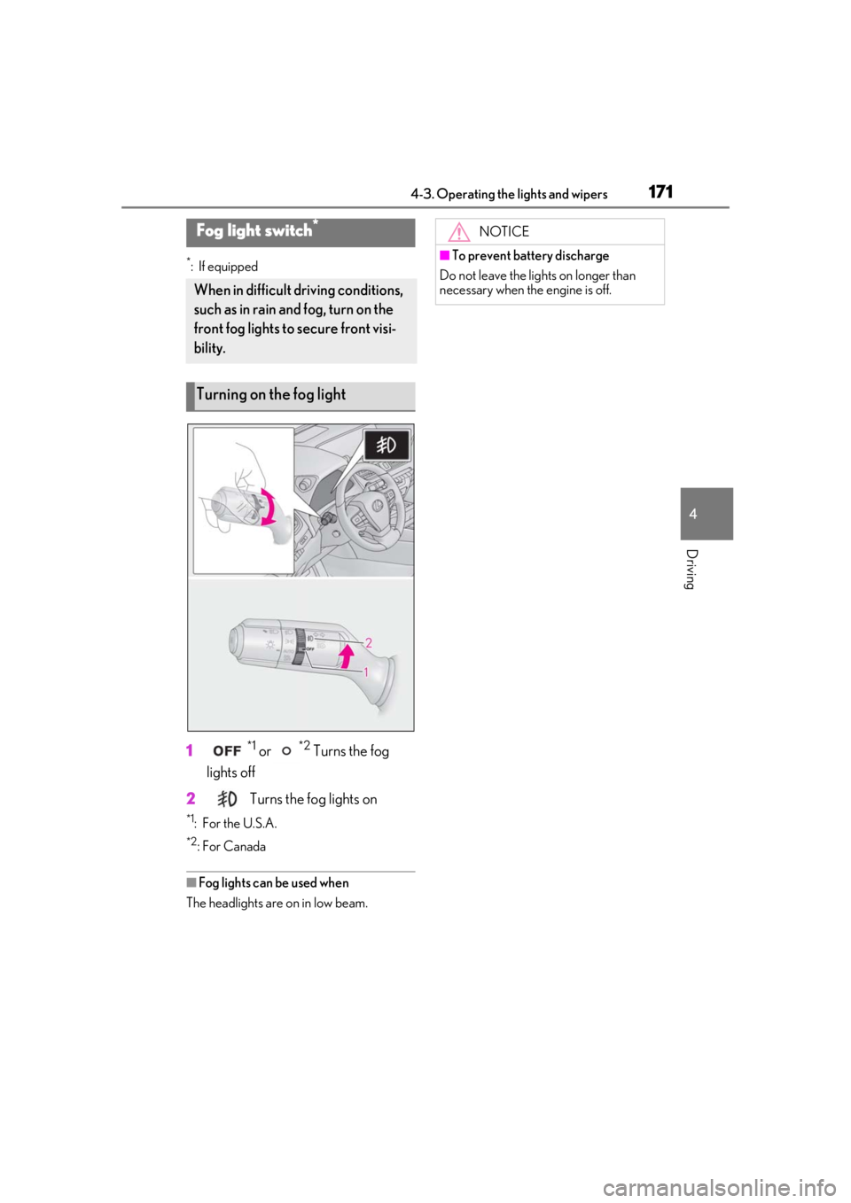 LEXUS UX200 2019  Owners Manual 1714-3. Operating the lights and wipers
4
Driving
*: If equipped
1*1 or *2 Turns the fog 
lights off
2
 Turns the fog lights on
*1: For the U.S.A.
*2: For Canada
■Fog lights can be used when
The hea