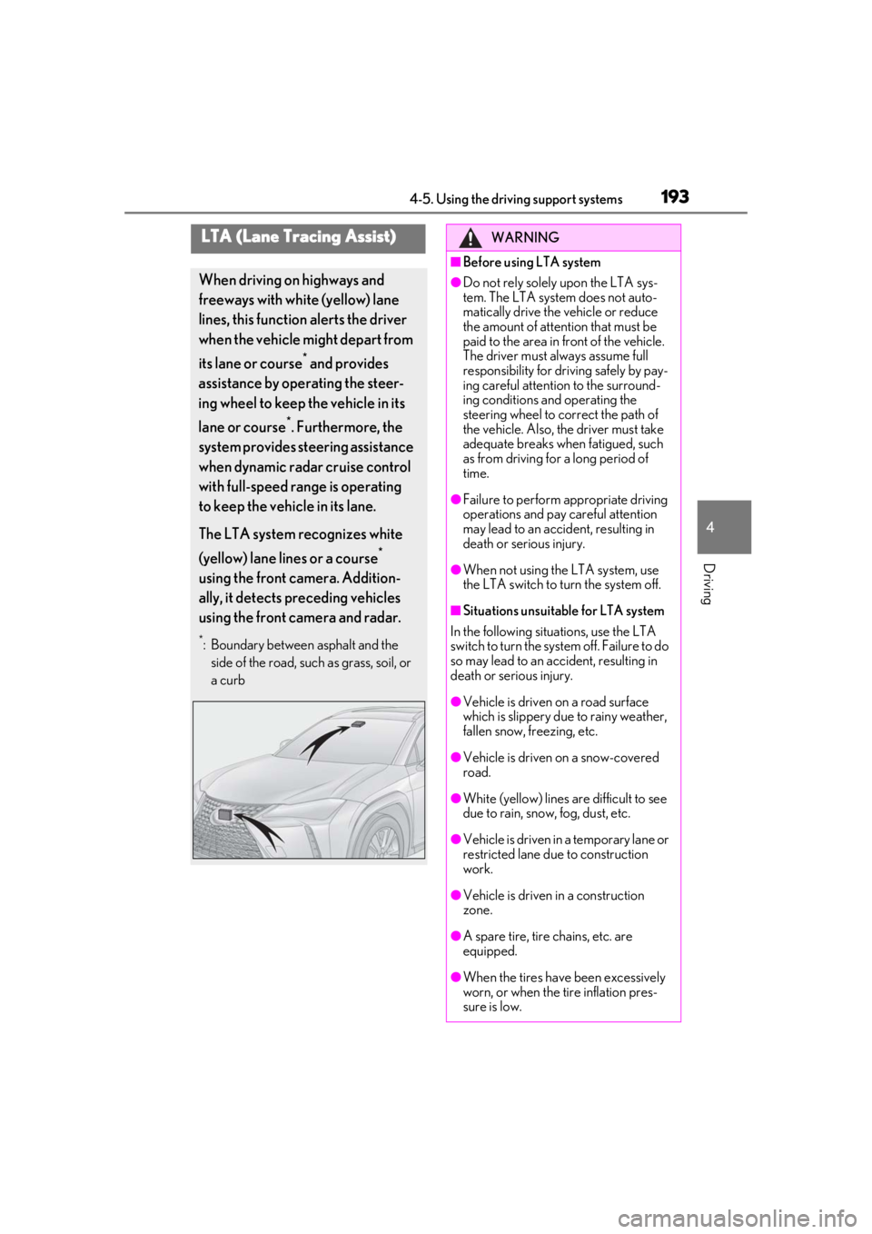 LEXUS UX200 2019  Owners Manual 1934-5. Using the driving support systems
4
Driving
LTA (Lane Tracing Assist)
When driving on highways and 
freeways with white (yellow) lane 
lines, this function alerts the driver 
when the vehicle 
