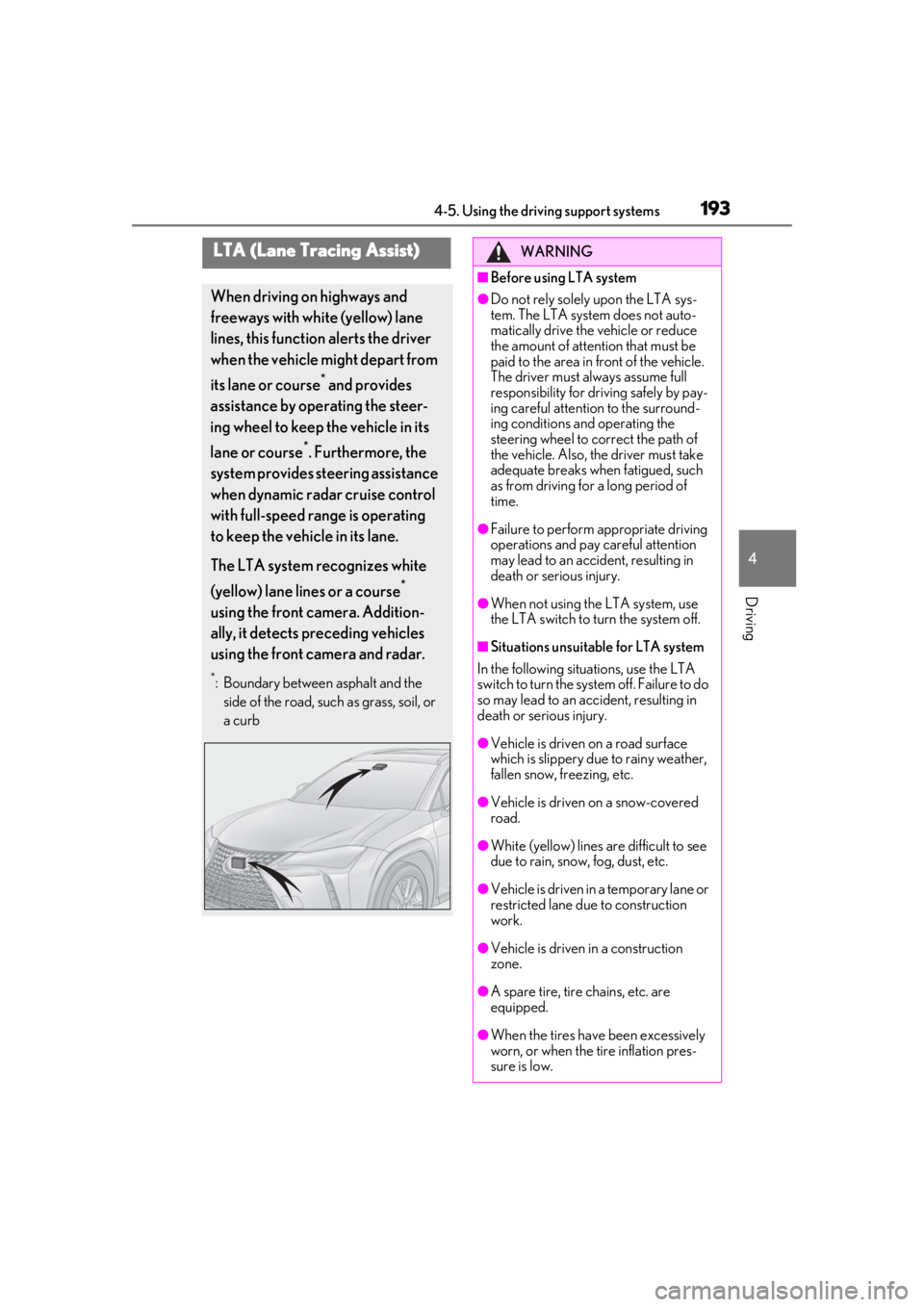 LEXUS UX200 2019 Owners Manual 1934-5. Using the driving support systems
4
Driving
LTA (Lane Tracing Assist)
When driving on highways and
freeways with white (yellow) lane
lines, this function alerts the driver
when the vehicle LEXUS UX200 2019 Owners Manual 1934-5. Using the driving support systems
4
Driving
LTA (Lane Tracing Assist)
When driving on highways and
freeways with white (yellow) lane
lines, this function alerts the driver
when the vehicle