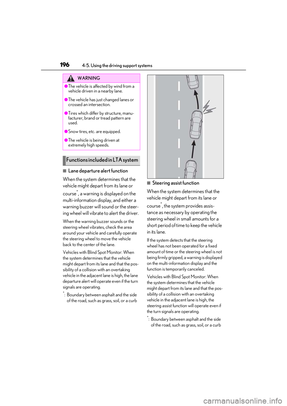 LEXUS UX200 2019  Owners Manual 1964-5. Using the driving support systems
■Lane departure alert function
When the system determines that the 
vehicle might depart from its lane or 
course
*, a warning is displayed on the 
multi-in