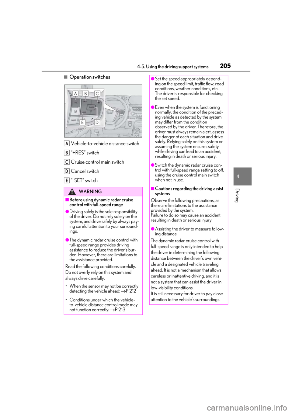 LEXUS UX200 2019 Owners Manual 2054-5. Using the driving support systems
4
Driving
■Operation switchesVehicle-to-vehicle distance switch
“+RES” switch
Cruise control main switch
Cancel switch
“-SET” switch
WARNING
■Befo LEXUS UX200 2019 Owners Manual 2054-5. Using the driving support systems
4
Driving
■Operation switchesVehicle-to-vehicle distance switch
“+RES” switch
Cruise control main switch
Cancel switch
“-SET” switch
WARNING
■Befo
