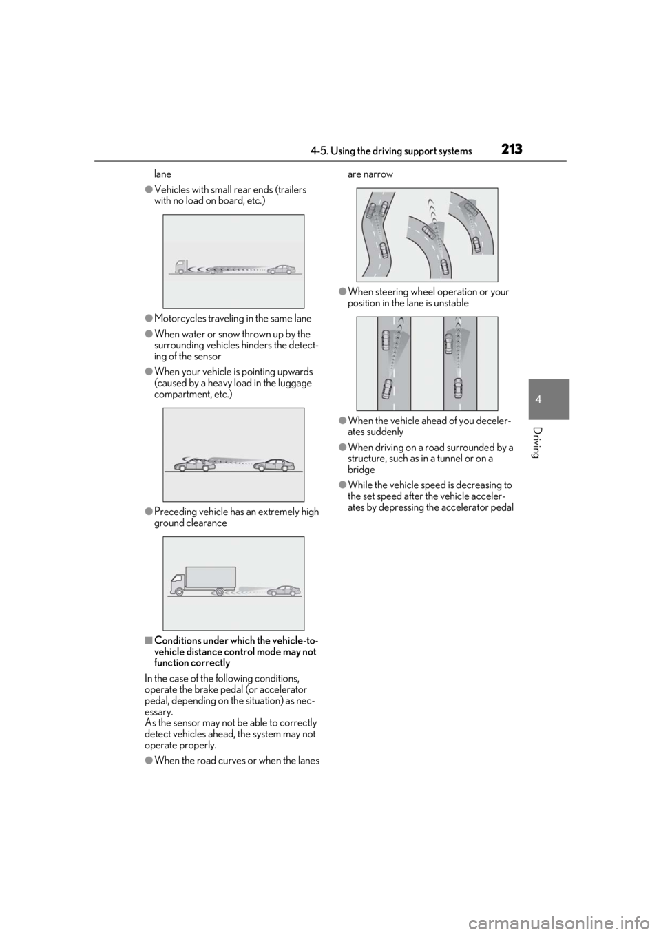LEXUS UX200 2019 Owners Manual 2134-5. Using the driving support systems
4
Driving
lane
●Vehicles with small rear ends (trailers
with no load on board, etc.)
●Motorcycles traveling in the same lane
●When water or snow thrown LEXUS UX200 2019 Owners Manual 2134-5. Using the driving support systems
4
Driving
lane
●Vehicles with small rear ends (trailers
with no load on board, etc.)
●Motorcycles traveling in the same lane
●When water or snow thrown