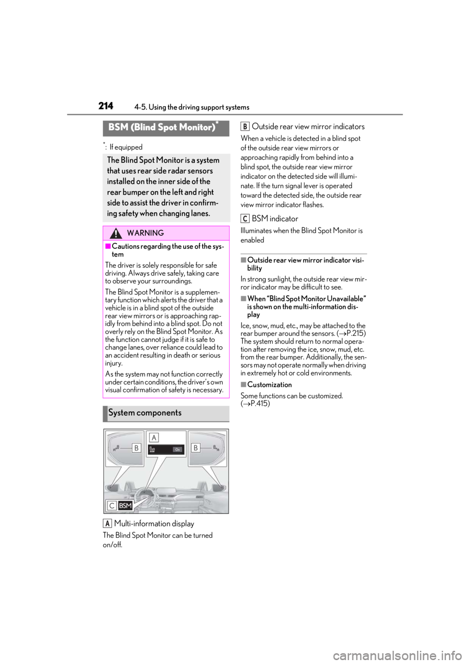 LEXUS UX200 2019 Owners Manual 2144-5. Using the driving support systems
*: If equipped
Multi-information display
The Blind Spot Monitor can be turned
on/off.
Outside rear view mirror indicators
When a vehicle is detected in a bli LEXUS UX200 2019 Owners Manual 2144-5. Using the driving support systems
*: If equipped
Multi-information display
The Blind Spot Monitor can be turned
on/off.
Outside rear view mirror indicators
When a vehicle is detected in a bli