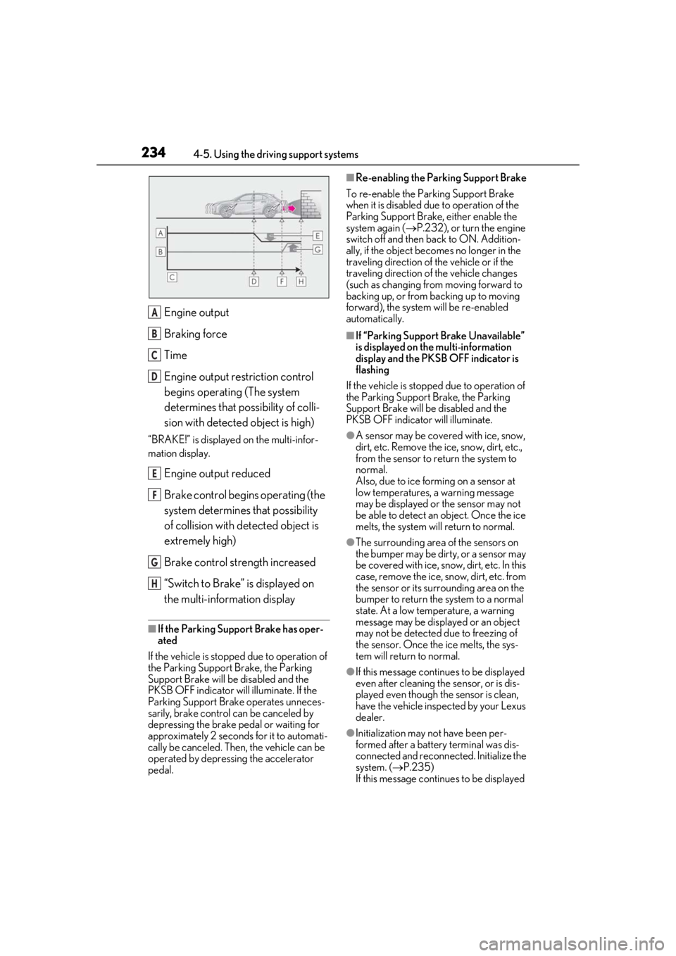 LEXUS UX200 2019 Owners Manual 2344-5. Using the driving support systems
Engine output
Braking force
Time
Engine output restriction control
begins operating (The system
determines that possibility of colli-
sion with detected obj LEXUS UX200 2019 Owners Manual 2344-5. Using the driving support systems
Engine output
Braking force
Time
Engine output restriction control
begins operating (The system
determines that possibility of colli-
sion with detected obj