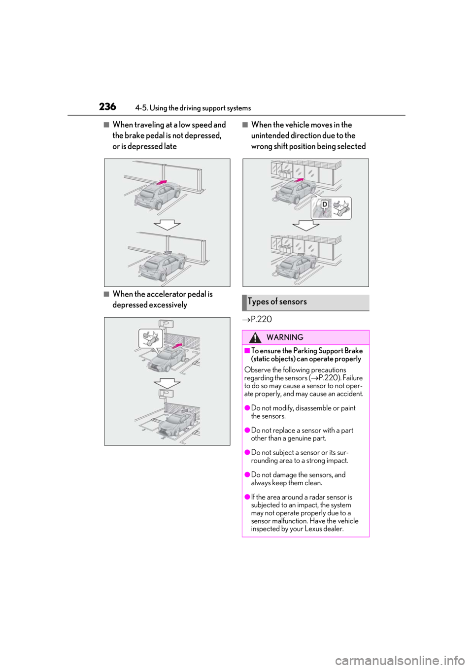LEXUS UX200 2019 Owners Manual 2364-5. Using the driving support systems
■When traveling at a low speed and
the brake pedal is not depressed,
or is depressed late
■When the accelerator pedal is
depressed excessively
■When LEXUS UX200 2019 Owners Manual 2364-5. Using the driving support systems
■When traveling at a low speed and
the brake pedal is not depressed,
or is depressed late
■When the accelerator pedal is
depressed excessively
■When