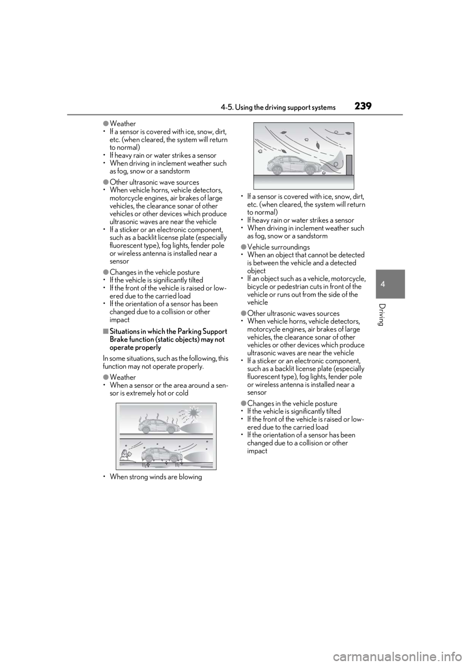 LEXUS UX200 2019 Owners Manual 2394-5. Using the driving support systems
4
Driving
●Weather
• If a sensor is covered with ice, snow, dirt, etc. (when cleared, the system will return
to normal)
• If heavy rain or water strik LEXUS UX200 2019 Owners Manual 2394-5. Using the driving support systems
4
Driving
●Weather
• If a sensor is covered with ice, snow, dirt, etc. (when cleared, the system will return
to normal)
• If heavy rain or water strik