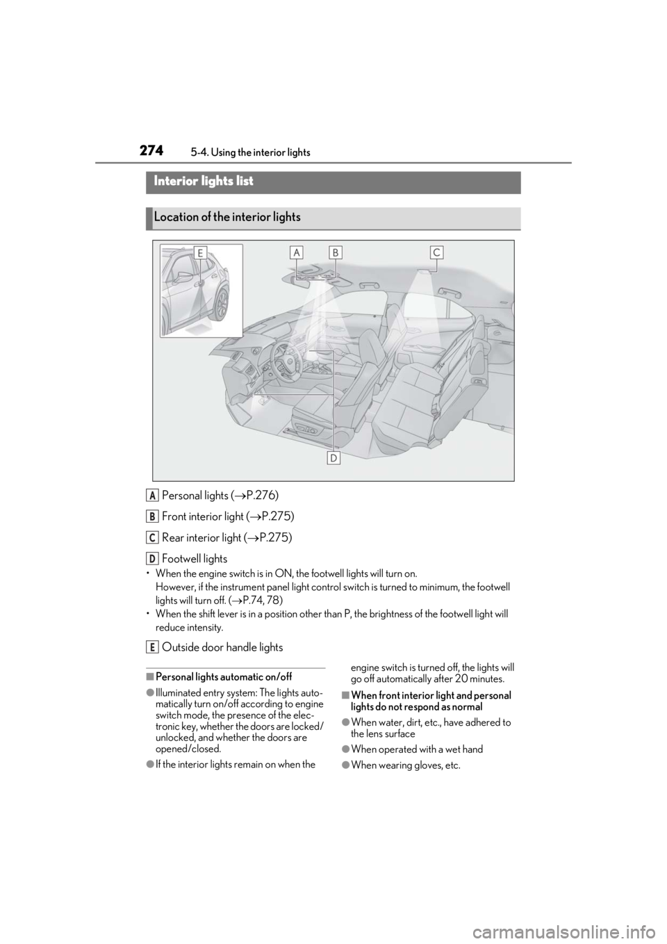 LEXUS UX200 2019 Owners Manual 2745-4. Using the interior lights
5-4.Using the interior lights
Personal lights ( P.276)
Front interi or light (P.275)
Rear interior light ( P.275)
Footwell lights
• When the engine switch LEXUS UX200 2019 Owners Manual 2745-4. Using the interior lights
5-4.Using the interior lights
Personal lights ( P.276)
Front interi or light (P.275)
Rear interior light ( P.275)
Footwell lights
• When the engine switch
