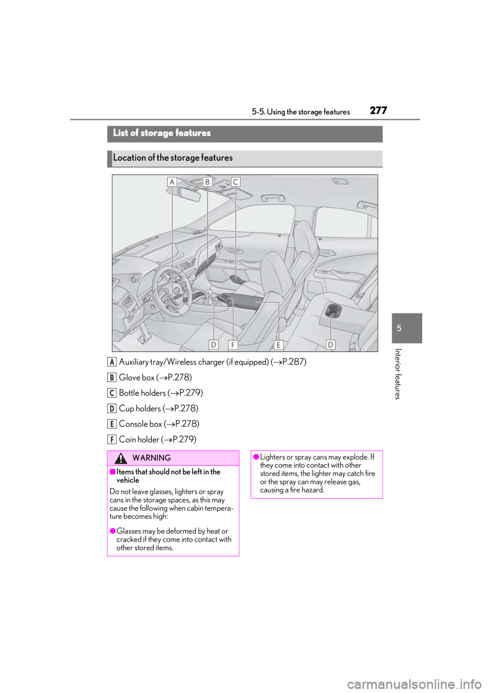 LEXUS UX200 2019 Owners Manual 2775-5. Using the storage features
5
Interior features
5-5.Using the storage features
Auxiliary tray/Wireless charger (if equipped) (P.287)
Glove box ( P.278)
Bottle holders ( P.279)
Cup hold LEXUS UX200 2019 Owners Manual 2775-5. Using the storage features
5
Interior features
5-5.Using the storage features
Auxiliary tray/Wireless charger (if equipped) (P.287)
Glove box ( P.278)
Bottle holders ( P.279)
Cup hold