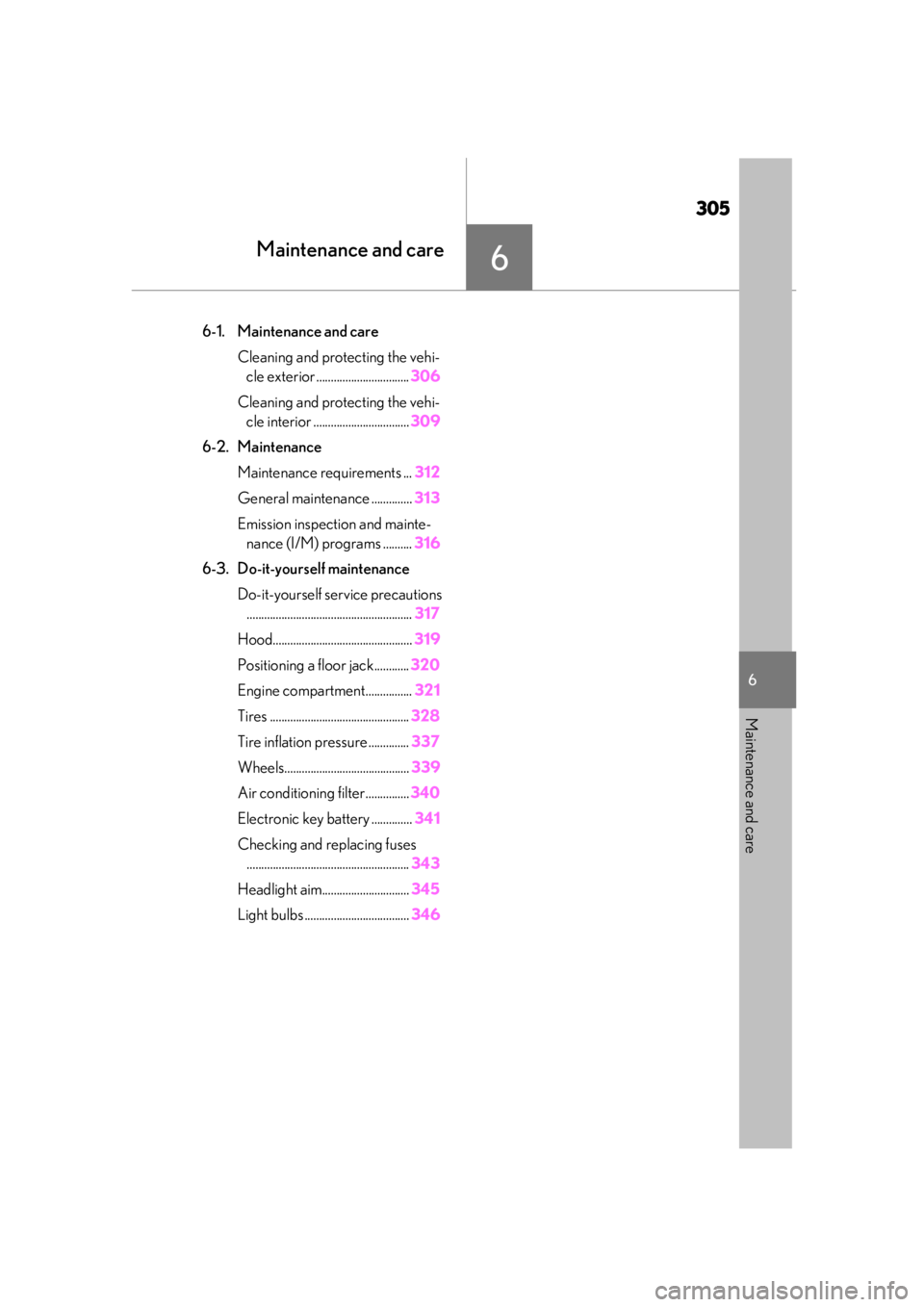 LEXUS UX200 2019  Owners Manual 305
6
6
Maintenance and care
Maintenance and care
6-1. Maintenance and careCleaning and protecting the vehi-cle exterior ................................ 306
Cleaning and protecting the vehi- cle inte