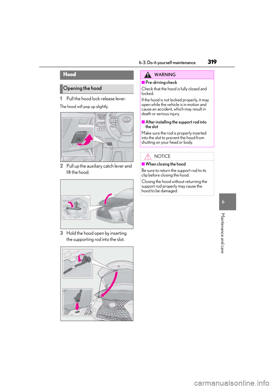LEXUS UX200 2019 Owners Manual 3196-3. Do-it-yourself maintenance
6
Maintenance and care
1Pull the hood lock release lever.
The hood will pop up slightly.
2Pull up the auxiliary catch lever and
lift the hood.
3
Hold the hood open LEXUS UX200 2019 Owners Manual 3196-3. Do-it-yourself maintenance
6
Maintenance and care
1Pull the hood lock release lever.
The hood will pop up slightly.
2Pull up the auxiliary catch lever and
lift the hood.
3
Hold the hood open