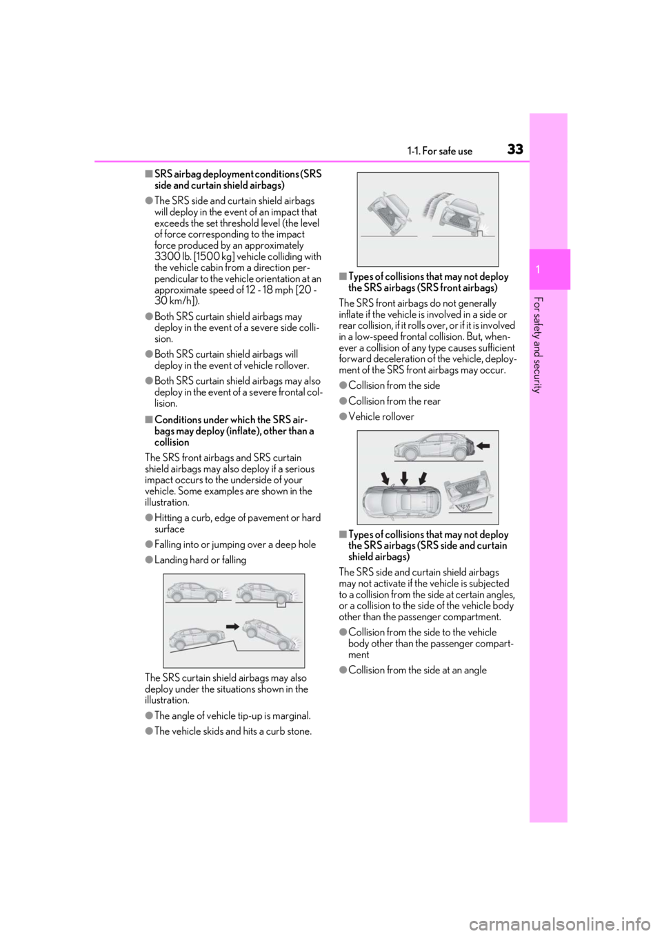 LEXUS UX200 2019 Owners Guide 331-1. For safe use
1
For safety and security
■SRS airbag deployment conditions (SRS
side and curtain shield airbags)
●The SRS side and curtain shield airbags
will deploy in the event of an impa LEXUS UX200 2019 Owners Guide 331-1. For safe use
1
For safety and security
■SRS airbag deployment conditions (SRS
side and curtain shield airbags)
●The SRS side and curtain shield airbags
will deploy in the event of an impa