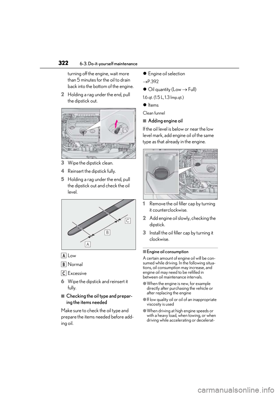 LEXUS UX200 2019  Owners Manual 3226-3. Do-it-yourself maintenance
turning off the engine, wait more 
than 5 minutes for the oil to drain 
back into the bottom of the engine.
2 Holding a rag under the end, pull 
the dipstick out.
3 