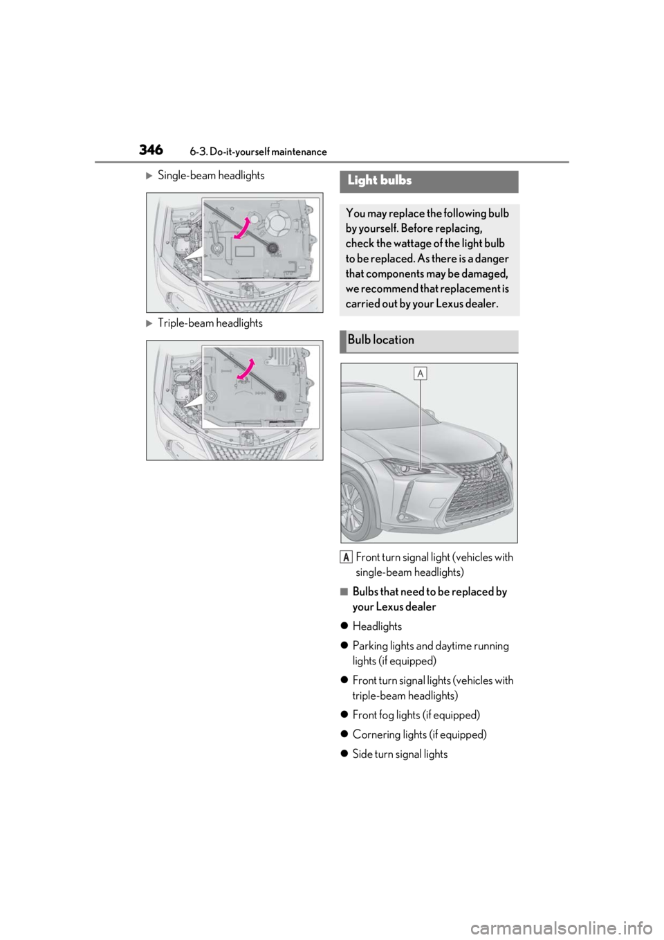 LEXUS UX200 2019 Owners Manual 3466-3. Do-it-yourself maintenance
Single-beam headlights
Triple-beam headlightsFront turn signal light (vehicles with
single-beam headlights)
■Bulbs that need to be replaced by
your Lexus d LEXUS UX200 2019 Owners Manual 3466-3. Do-it-yourself maintenance
Single-beam headlights
Triple-beam headlightsFront turn signal light (vehicles with
single-beam headlights)
■Bulbs that need to be replaced by
your Lexus d