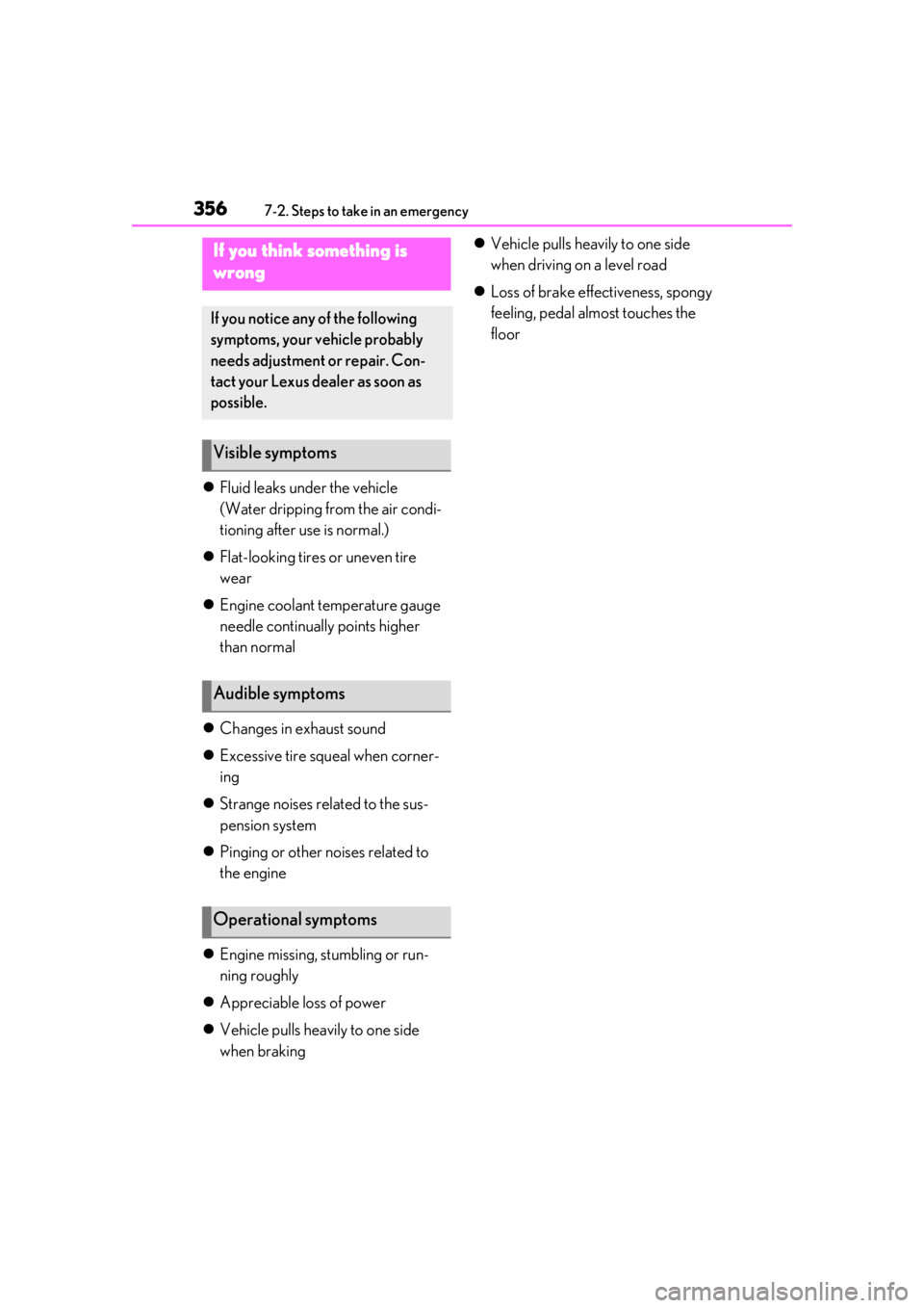 LEXUS UX200 2019  Owners Manual 3567-2. Steps to take in an emergency
Fluid leaks under the vehicle
(Water dripping from the air condi-
tioning after use is normal.)
 Flat-looking tires or uneven tire 
wear
 Engine coolant 