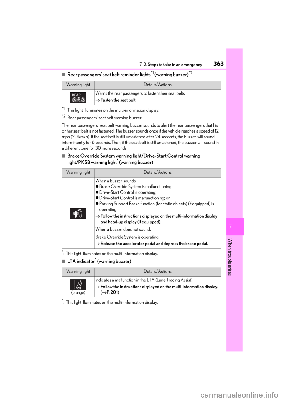 LEXUS UX200 2019 Owners Manual 3637-2. Steps to take in an emergency
7
When trouble arises
■Rear passengers’ seat belt reminder lights*1 (warning buzzer)*2
*1: This light illuminates on the multi-information display.
*2: Rear p LEXUS UX200 2019 Owners Manual 3637-2. Steps to take in an emergency
7
When trouble arises
■Rear passengers’ seat belt reminder lights*1 (warning buzzer)*2
*1: This light illuminates on the multi-information display.
*2: Rear p