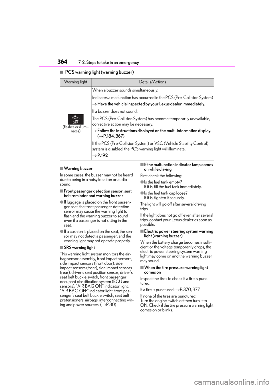 LEXUS UX200 2019  Owners Manual 3647-2. Steps to take in an emergency
■PCS warning light (warning buzzer)
■Warning buzzer
In some cases, the bu zzer may not be heard 
due to being in a noisy location or audio 
sound.
■Front pa