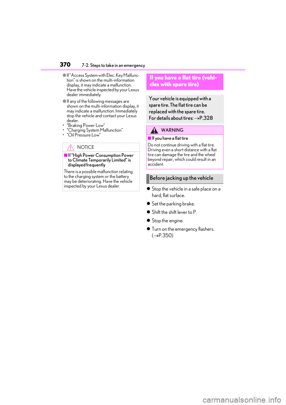 LEXUS UX200 2019 Owners Manual 3707-2. Steps to take in an emergency
●If “Access System with Elec. Key Malfunc-
tion” is shown on the multi-information 
display, it may indicate a malfunction. 
Have the vehicle inspected by y