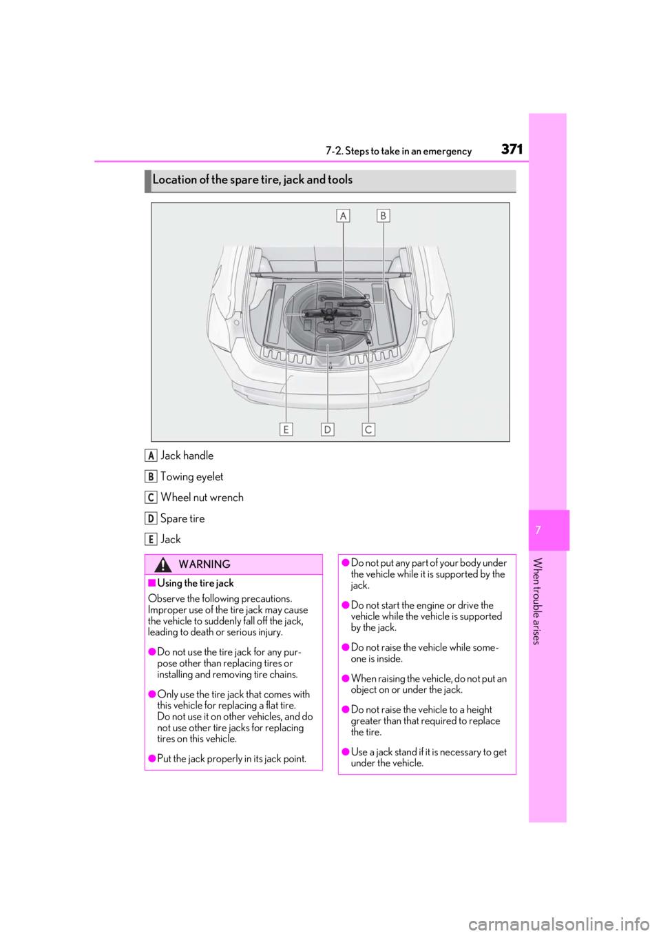 LEXUS UX200 2019 Owners Manual 3717-2. Steps to take in an emergency
7
When trouble arises
Jack handle
Towing eyelet
Wheel nut wrench
Spare tire
Jack
Location of the spare tire, jack and tools
A
B
C
D
E
WARNING
■Using the tire ja LEXUS UX200 2019 Owners Manual 3717-2. Steps to take in an emergency
7
When trouble arises
Jack handle
Towing eyelet
Wheel nut wrench
Spare tire
Jack
Location of the spare tire, jack and tools
A
B
C
D
E
WARNING
■Using the tire ja