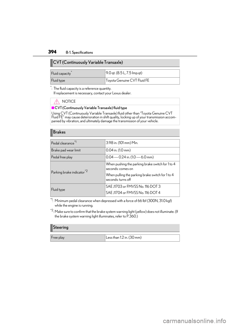 LEXUS UX200 2019 Owners Manual 3948-1. Specifications
*: The fluid capacity is a reference quantity.If replacement is necessary, contact your Lexus dealer.
*1: Minimum pedal clearance when depressed with a force of 66 lbf (300N, 31 LEXUS UX200 2019 Owners Manual 3948-1. Specifications
*: The fluid capacity is a reference quantity.If replacement is necessary, contact your Lexus dealer.
*1: Minimum pedal clearance when depressed with a force of 66 lbf (300N, 31