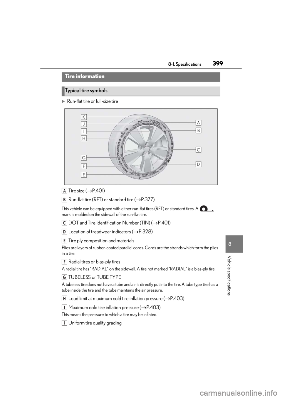 LEXUS UX200 2019 Owners Manual 3998-1. Specifications
8
Vehicle specifications
Run-flat tire or full-size tireTire size ( P.401)
Run-flat tire (RFT) or standard tire ( P.377)
This vehicle can be equipped with either run-fl LEXUS UX200 2019 Owners Manual 3998-1. Specifications
8
Vehicle specifications
Run-flat tire or full-size tireTire size ( P.401)
Run-flat tire (RFT) or standard tire ( P.377)
This vehicle can be equipped with either run-fl