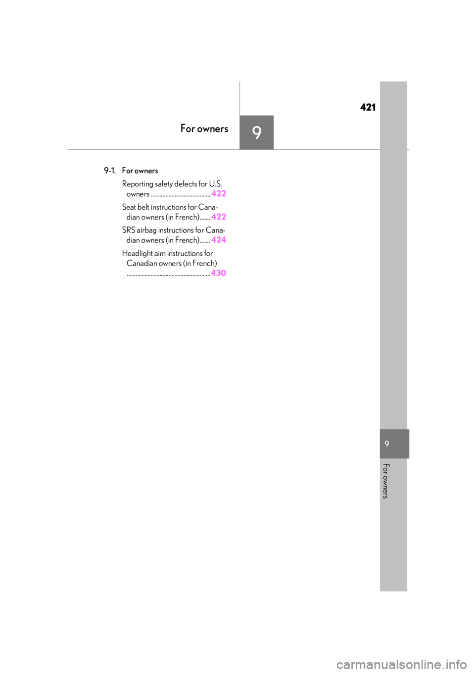LEXUS UX200 2019  Owners Manual 421
9
9
For owners
For owners
9-1. For ownersReporting safety defects for U.S. owners ........................................ 422
Seat belt instructions for Cana- dian owners (in French)....... 422
S