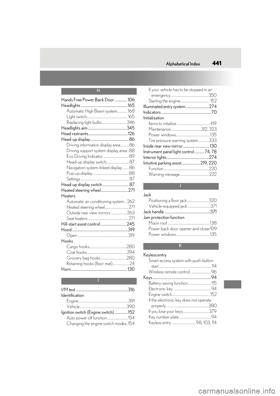 LEXUS UX200 2019  Owners Manual Alphabetical Index441
H
Hands Free Power Back Door ............... 106
Headlights ........................................................165Automatic High Beam system............. 168
Light switch ..