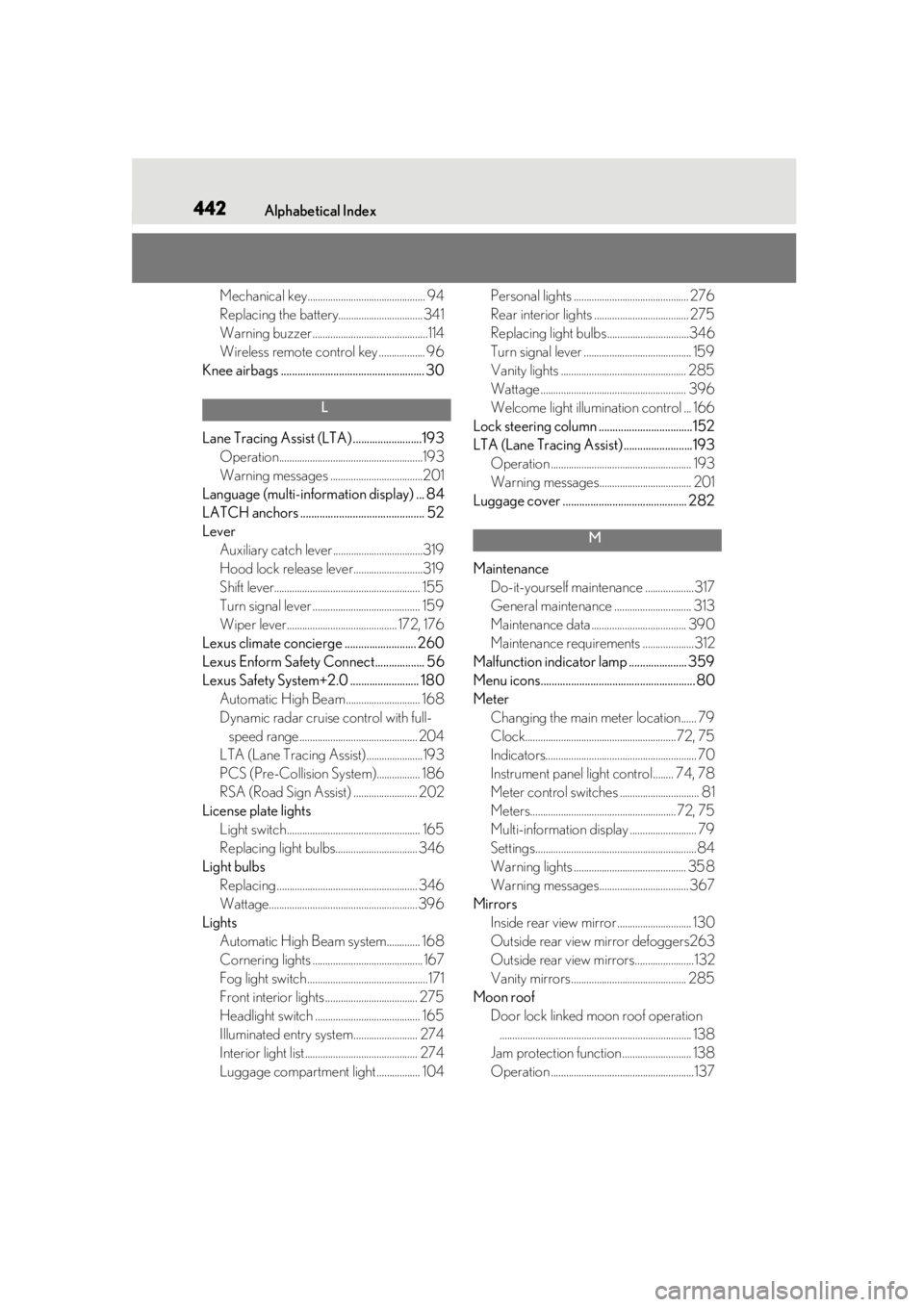 LEXUS UX200 2019 Owners Manual 442Alphabetical Index
Mechanical key.............................................. 94
Replacing the battery.................................341
Warning buzzer ......................................... LEXUS UX200 2019 Owners Manual 442Alphabetical Index
Mechanical key.............................................. 94
Replacing the battery.................................341
Warning buzzer .........................................