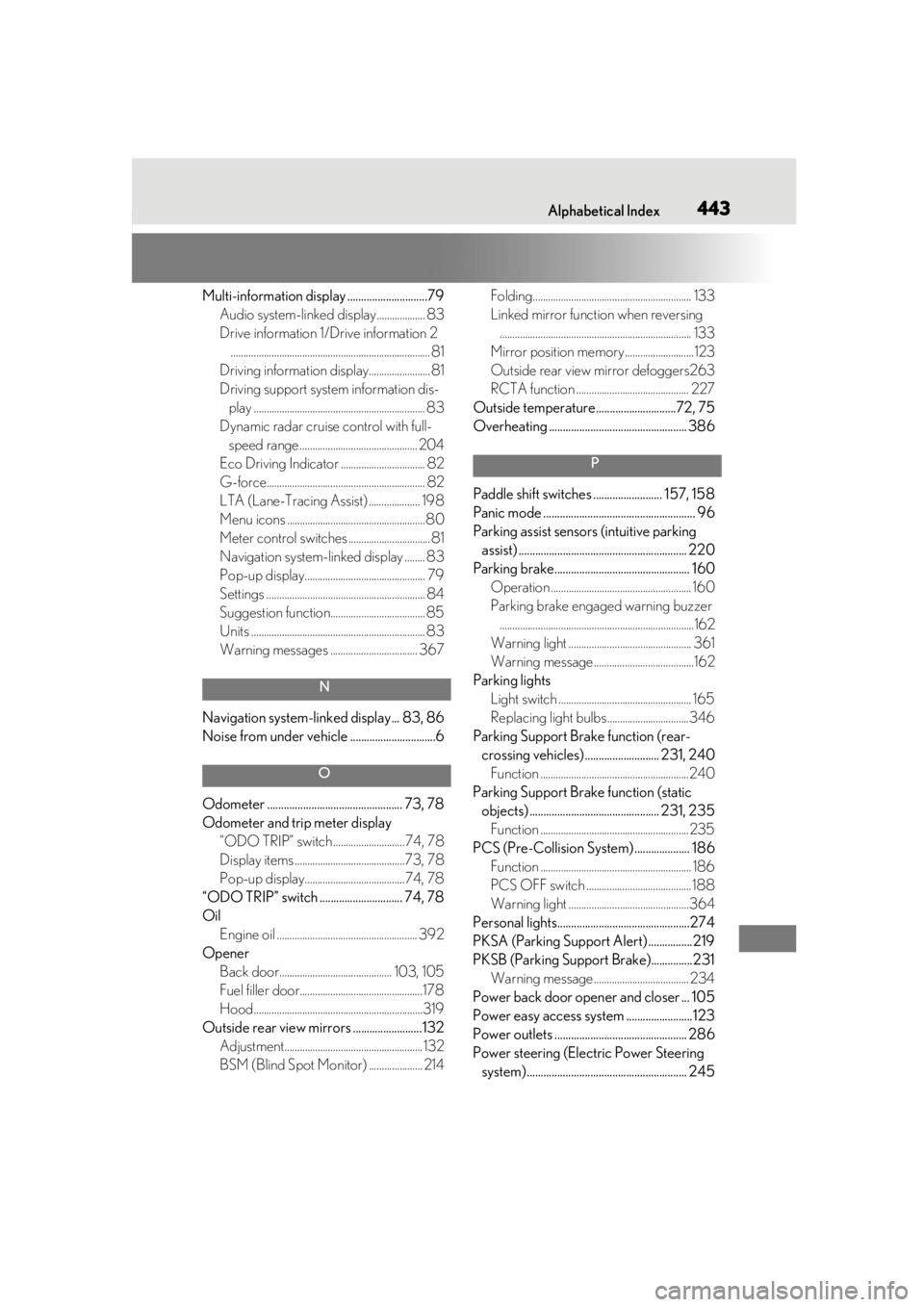 LEXUS UX200 2019 Owners Manual Alphabetical Index443
Multi-information display .............................79Audio system-linked display................... 83
Drive information 1/Drive information 2................................ LEXUS UX200 2019 Owners Manual Alphabetical Index443
Multi-information display .............................79Audio system-linked display................... 83
Drive information 1/Drive information 2................................