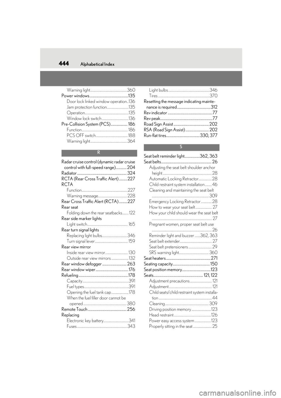 LEXUS UX200 2019  Owners Manual 444Alphabetical Index
Warning light ...............................................360
Power windows ..............................................135 Door lock linked window operation..136
Jam protec