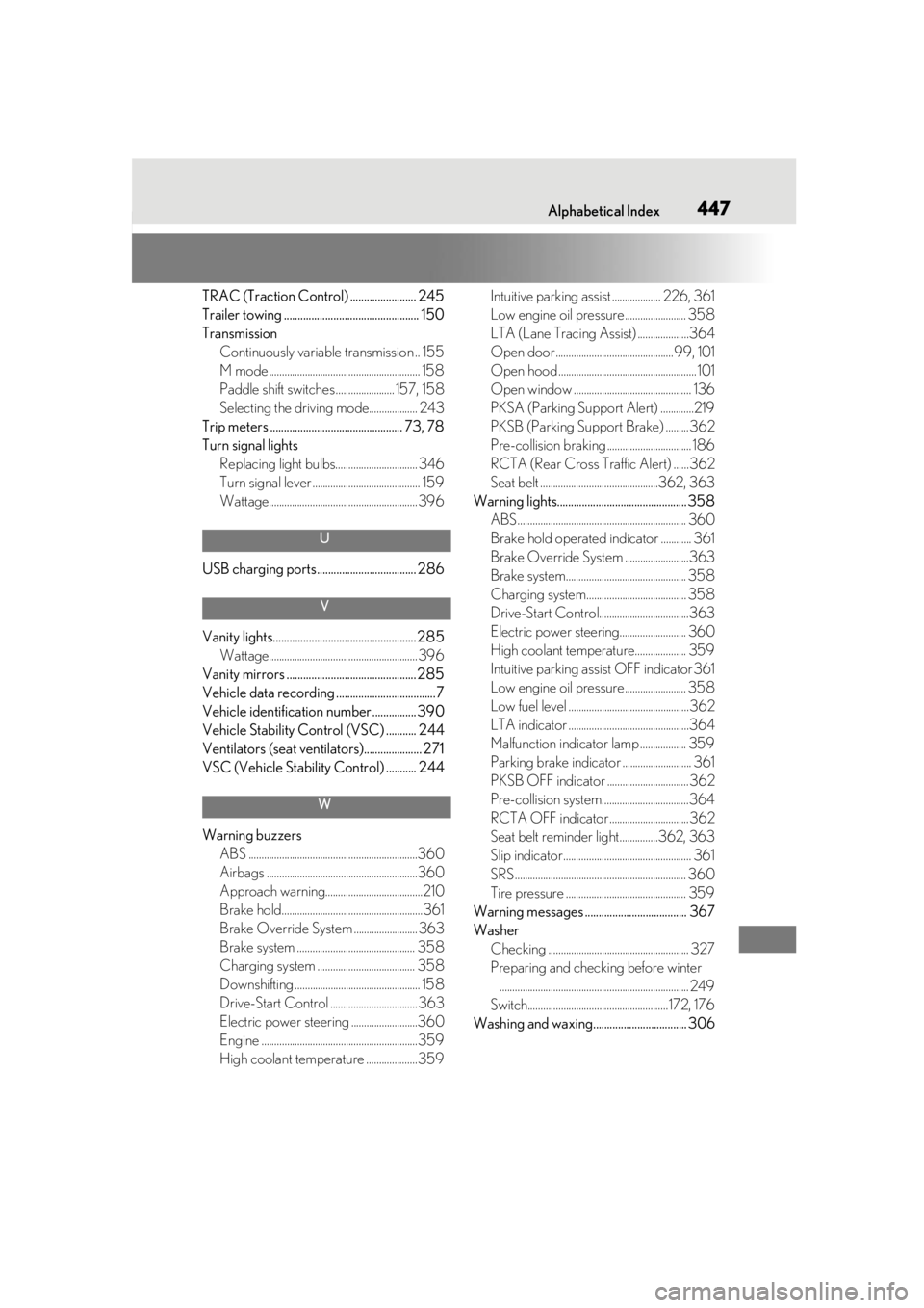 LEXUS UX200 2019  Owners Manual Alphabetical Index447
TRAC (Traction Control) ........................ 245
Trailer towing ................................................. 150
TransmissionContinuously variable transmission .. 155
M 