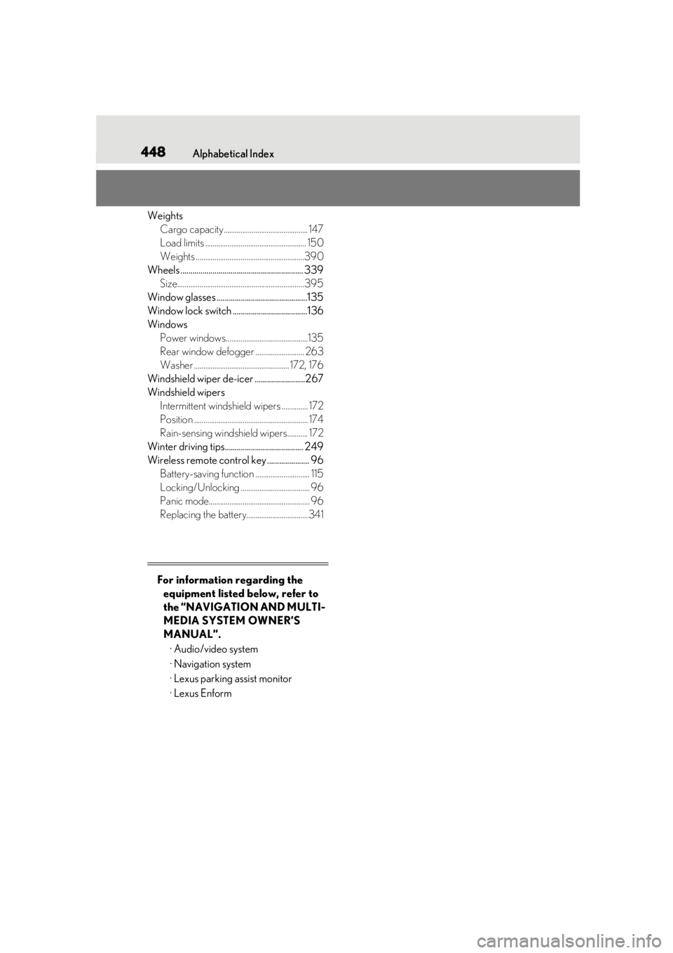 LEXUS UX200 2019 Owners Manual 448Alphabetical Index
WeightsCargo capacity............................................. 147
Load limits ...................................................... 150
Weights ............................ LEXUS UX200 2019 Owners Manual 448Alphabetical Index
WeightsCargo capacity............................................. 147
Load limits ...................................................... 150
Weights ............................