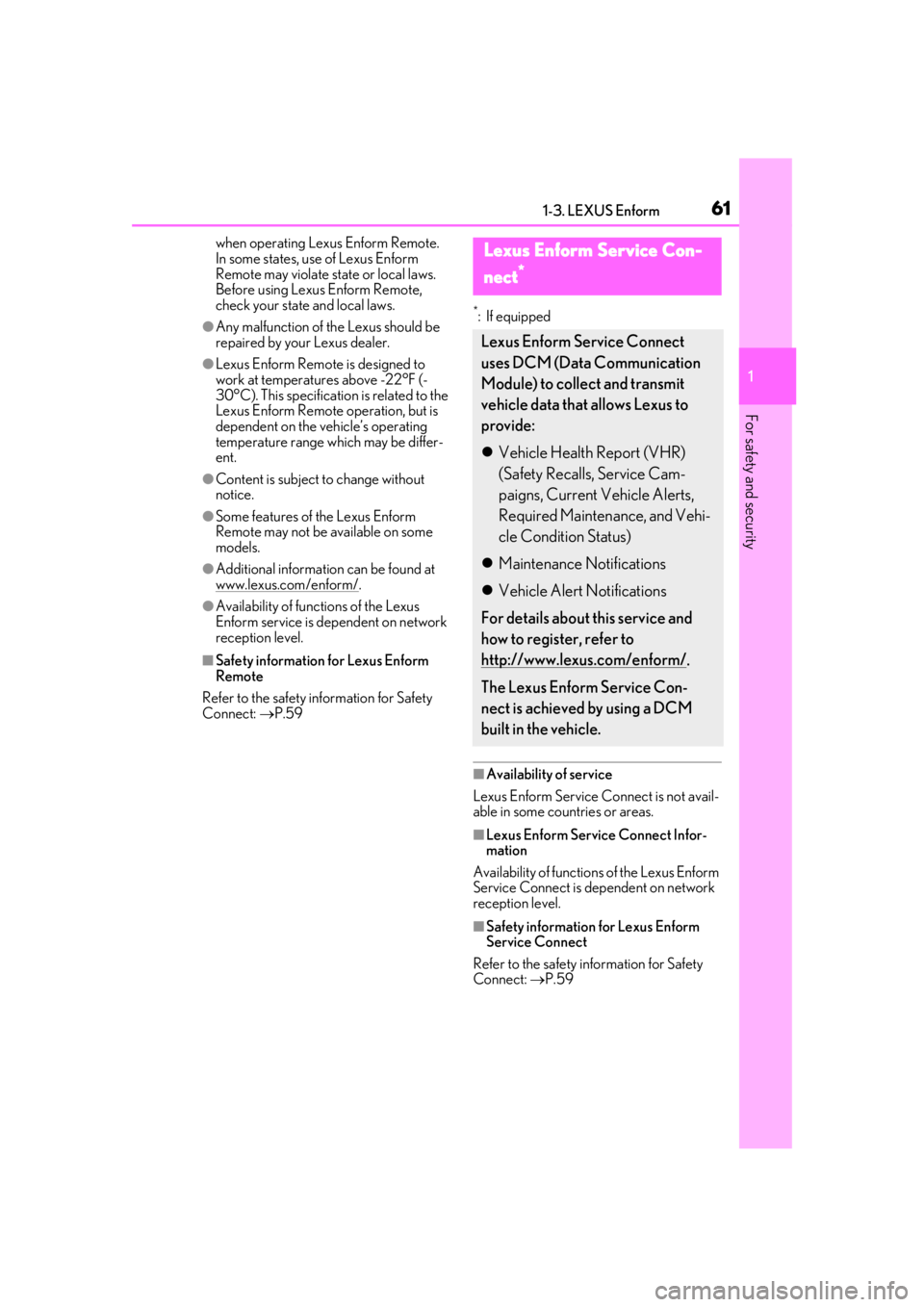 LEXUS UX200 2019 Owners Manual 611-3. LEXUS Enform
1
For safety and security
when operating Lexus Enform Remote.
In some states, use of Lexus Enform
Remote may violate state or local laws.
Before using Lexus Enform Remote,
chec LEXUS UX200 2019 Owners Manual 611-3. LEXUS Enform
1
For safety and security
when operating Lexus Enform Remote.
In some states, use of Lexus Enform
Remote may violate state or local laws.
Before using Lexus Enform Remote,
chec