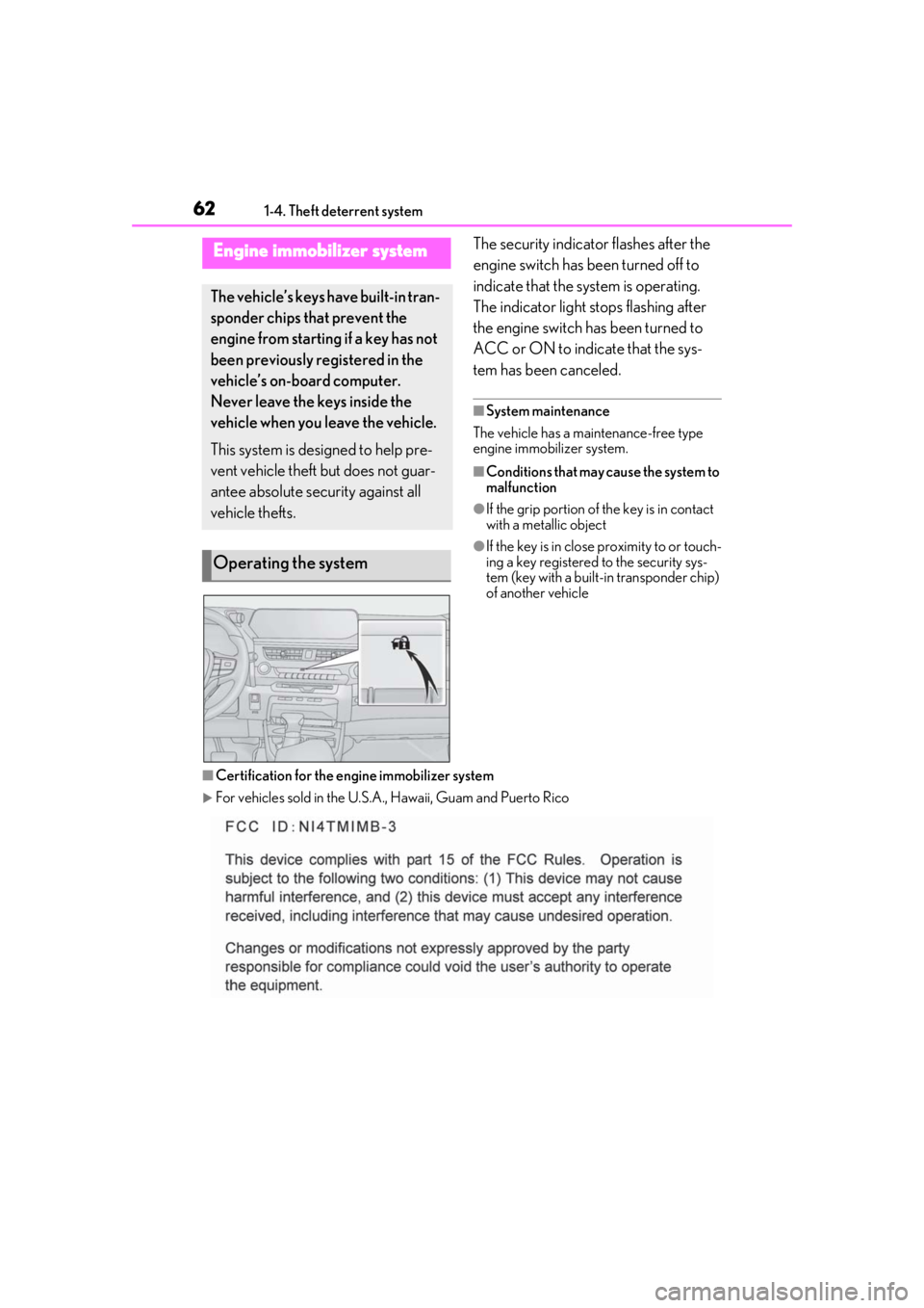 LEXUS UX200 2019  Owners Manual 621-4. Theft deterrent system
1-4.Theft deterrent systemThe security indicator flashes after the 
engine switch has been turned off to 
indicate that the system is operating.
The indicator light stops