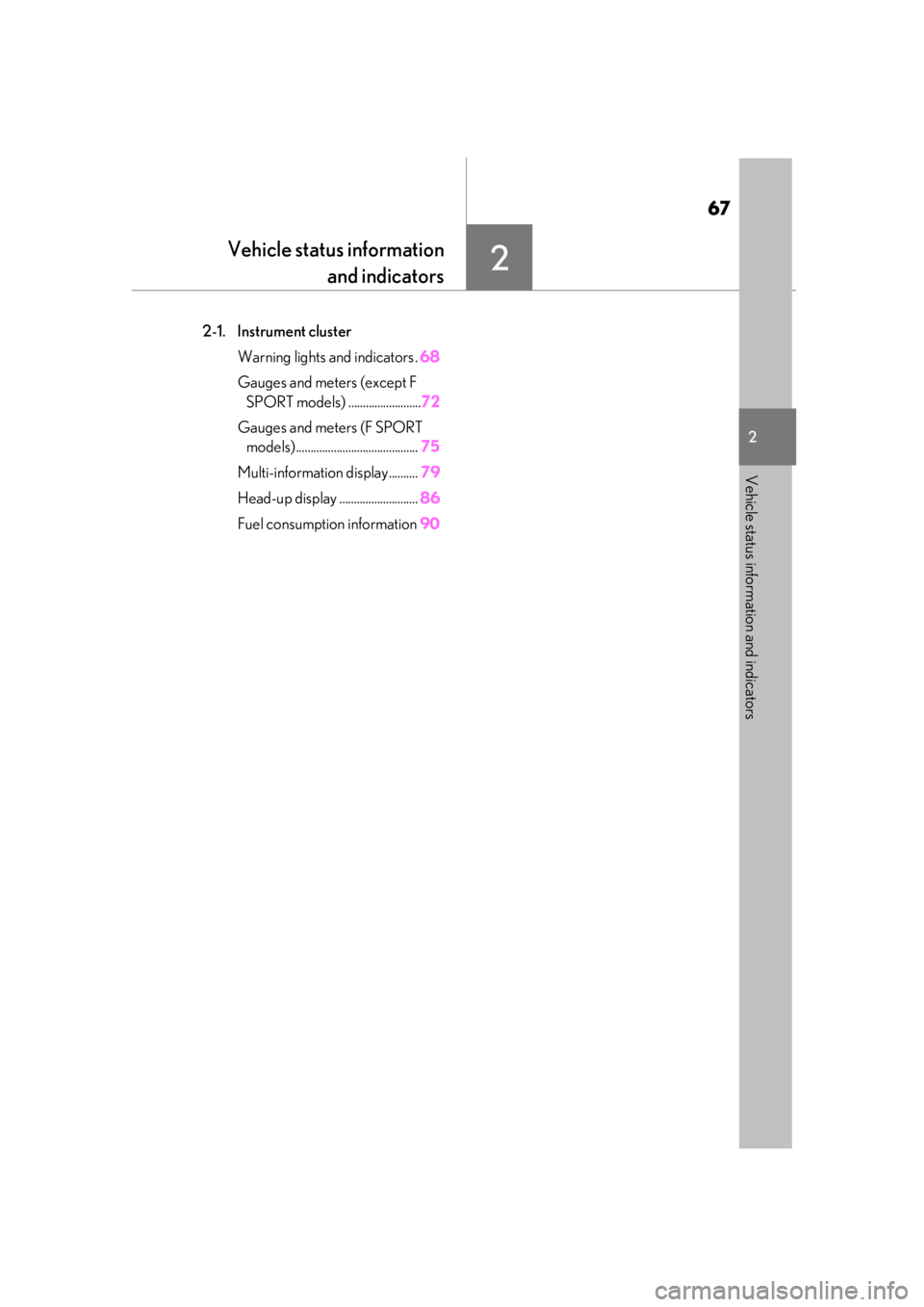 LEXUS UX200 2019  Owners Manual 67
2
2
Vehicle status information and indicators
Vehicle status informationand indicators
2-1. Instrument cluster
Warning lights and indicators . 68
Gauges and meters (except F  SPORT models) ........