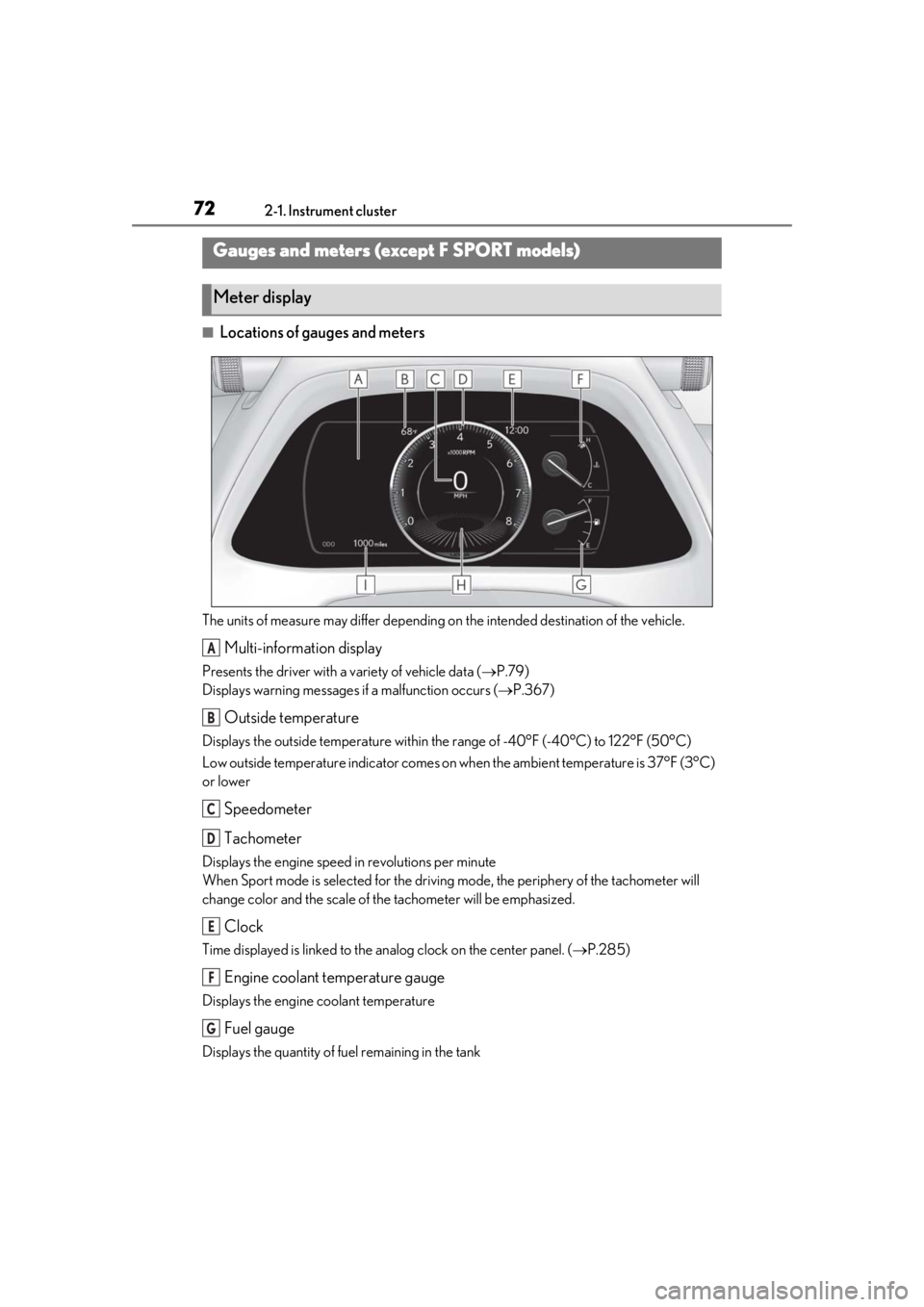 LEXUS UX200 2019  Owners Manual 722-1. Instrument cluster
■Locations of gauges and meters
The units of measure may differ depending on the intended destination of the vehicle.
Multi-information display
Presents the driver with a v