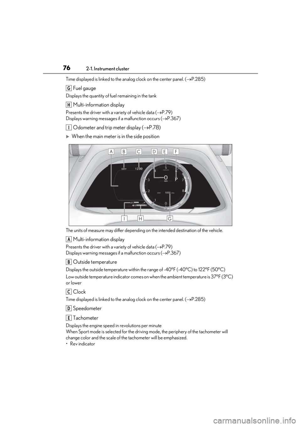 LEXUS UX200 2019  Owners Manual 762-1. Instrument cluster
Time displayed is linked to the analog clock on the center panel. (P.285)
Fuel gauge
Displays the quantity of fuel remaining in the tank
Multi-information display
Presents