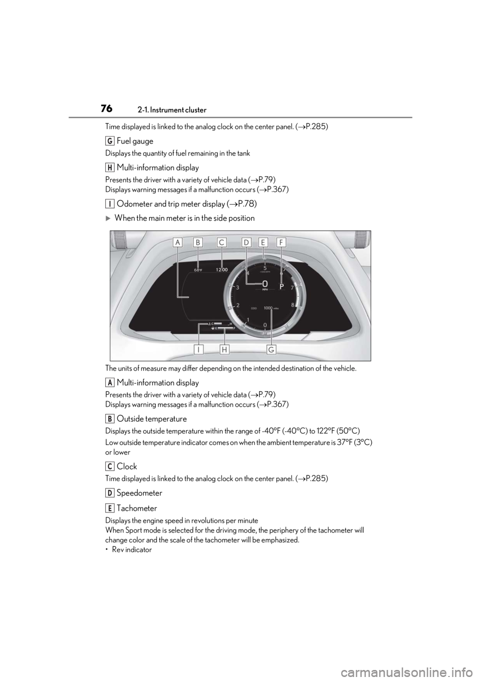 LEXUS UX200 2019 Manual PDF 762-1. Instrument cluster
Time displayed is linked to the analog clock on the center panel. (P.285)
Fuel gauge
Displays the quantity of fuel remaining in the tank
Multi-information display
Presents LEXUS UX200 2019 Manual PDF 762-1. Instrument cluster
Time displayed is linked to the analog clock on the center panel. (P.285)
Fuel gauge
Displays the quantity of fuel remaining in the tank
Multi-information display
Presents