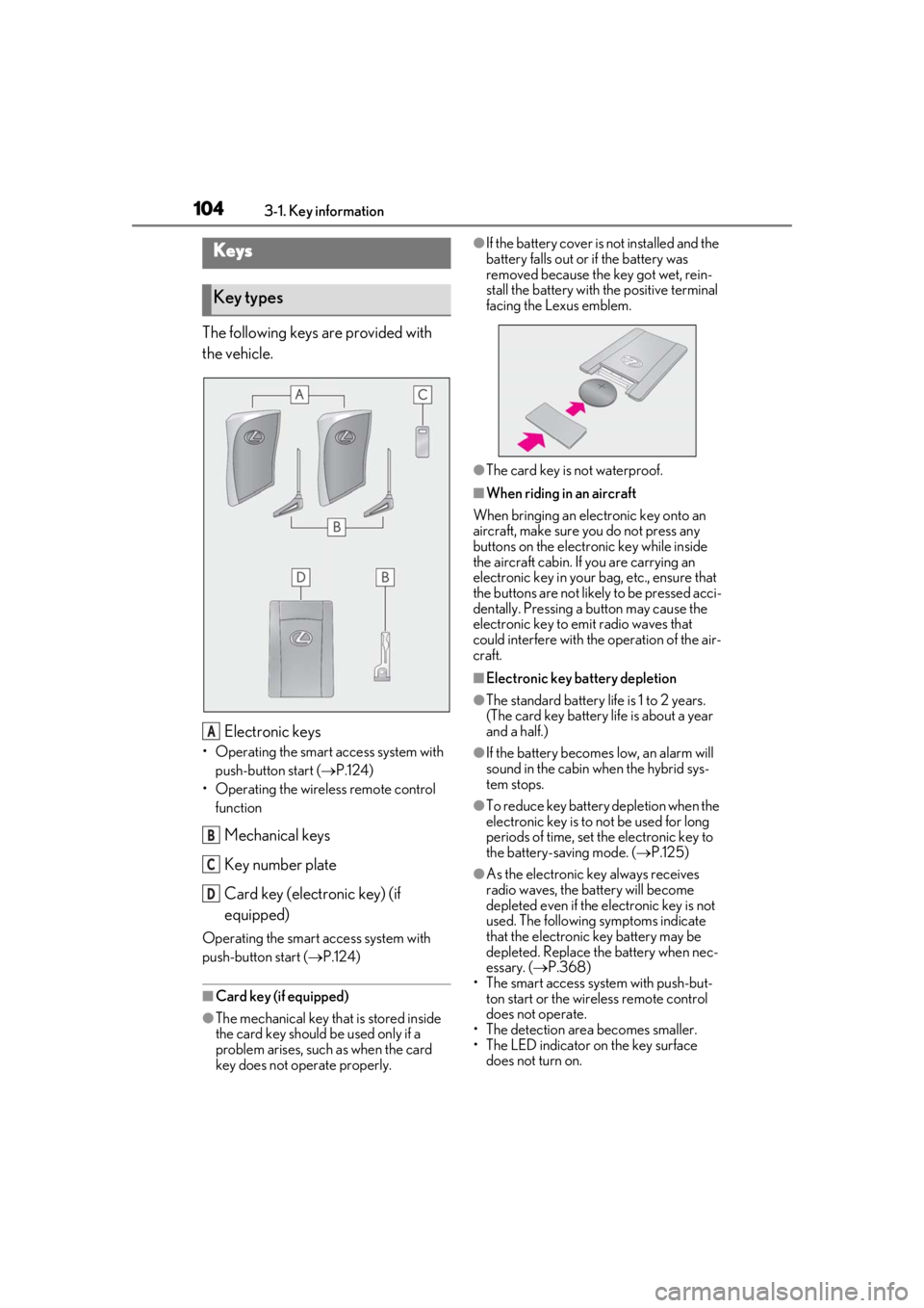 LEXUS UX250H 2019 Owners Manual 1043-1. Key information
3-1.Key information
The following keys are provided with
the vehicle.
Electronic keys
• Operating the smart access system with push-button start ( P.124)
• Operating th LEXUS UX250H 2019 Owners Manual 1043-1. Key information
3-1.Key information
The following keys are provided with
the vehicle.
Electronic keys
• Operating the smart access system with push-button start ( P.124)
• Operating th