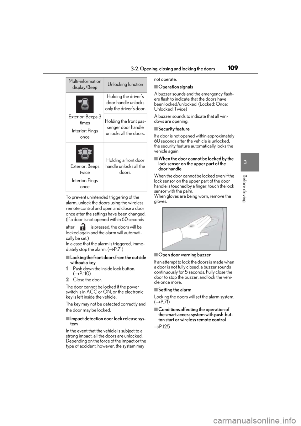 LEXUS UX250H 2019  Owners Manual 1093-2. Opening, closing and locking the doors
3
Before driving
To prevent unintended triggering of the 
alarm, unlock the doors using the wireless 
remote control and open and close a door 
once afte