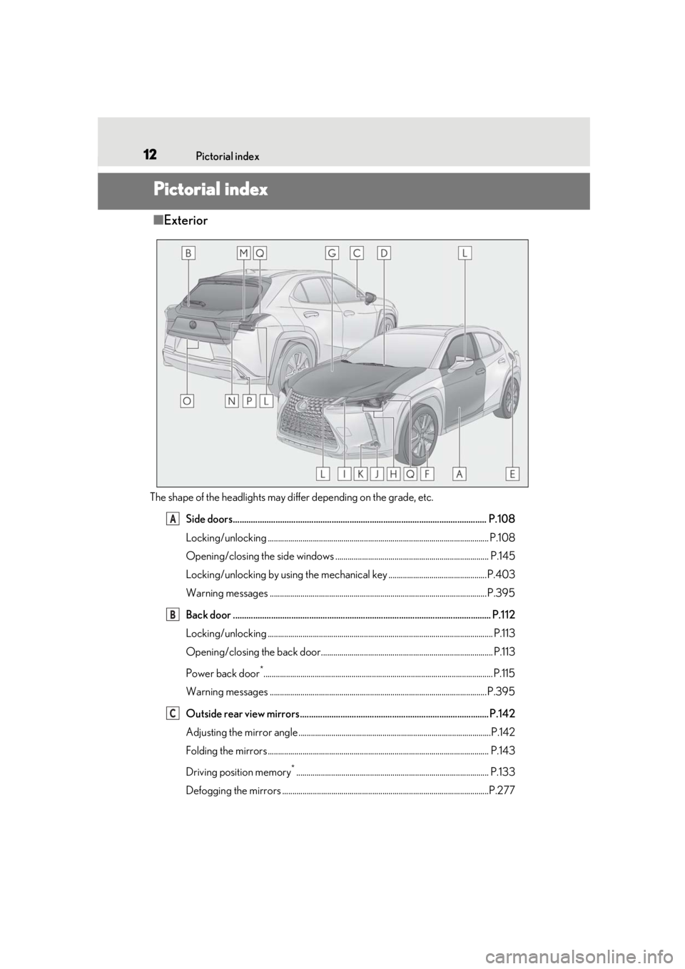 LEXUS UX250H 2019 Owners Manual 12Pictorial index
Pictorial index
■Exterior
The shape of the headlights may differ depending on the grade, etc.
Side doors............................................................................ LEXUS UX250H 2019 Owners Manual 12Pictorial index
Pictorial index
■Exterior
The shape of the headlights may differ depending on the grade, etc.
Side doors............................................................................