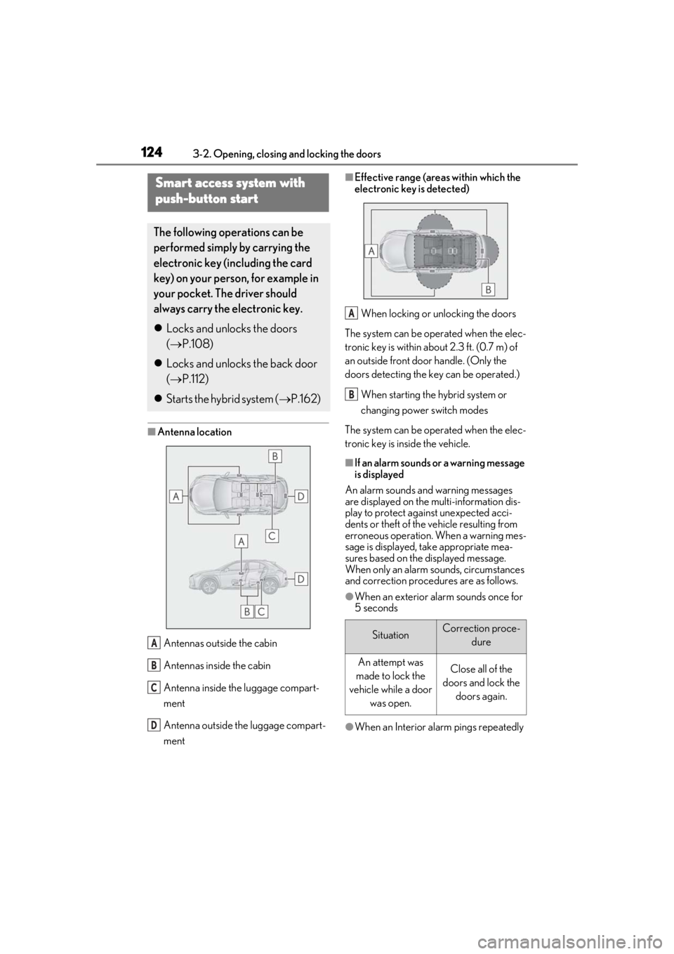 LEXUS UX250H 2019 Owners Manual 1243-2. Opening, closing and locking the doors
■Antenna locationAntennas outside the cabin
Antennas inside the cabin
Antenna inside the luggage compart-
ment
Antenna outside the luggage compart-
men LEXUS UX250H 2019 Owners Manual 1243-2. Opening, closing and locking the doors
■Antenna locationAntennas outside the cabin
Antennas inside the cabin
Antenna inside the luggage compart-
ment
Antenna outside the luggage compart-
men