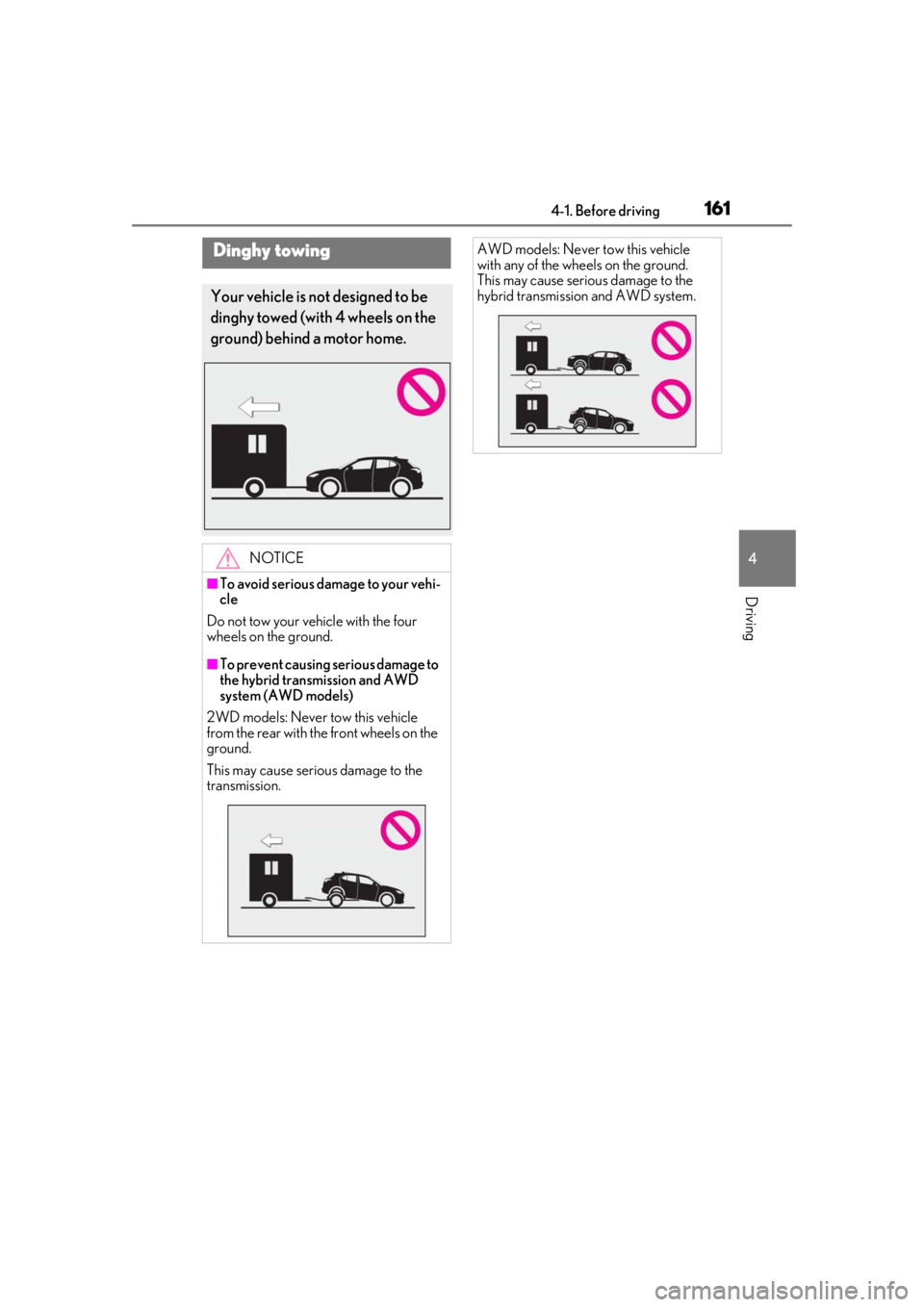 LEXUS UX250H 2019 Owners Manual 1614-1. Before driving
4
Driving
Dinghy towing
Your vehicle is not designed to be
dinghy towed (with 4 wheels on the
ground) behind a motor home.
NOTICE
■To avoid serious damage to your vehi-
cle
LEXUS UX250H 2019 Owners Manual 1614-1. Before driving
4
Driving
Dinghy towing
Your vehicle is not designed to be
dinghy towed (with 4 wheels on the
ground) behind a motor home.
NOTICE
■To avoid serious damage to your vehi-
cle