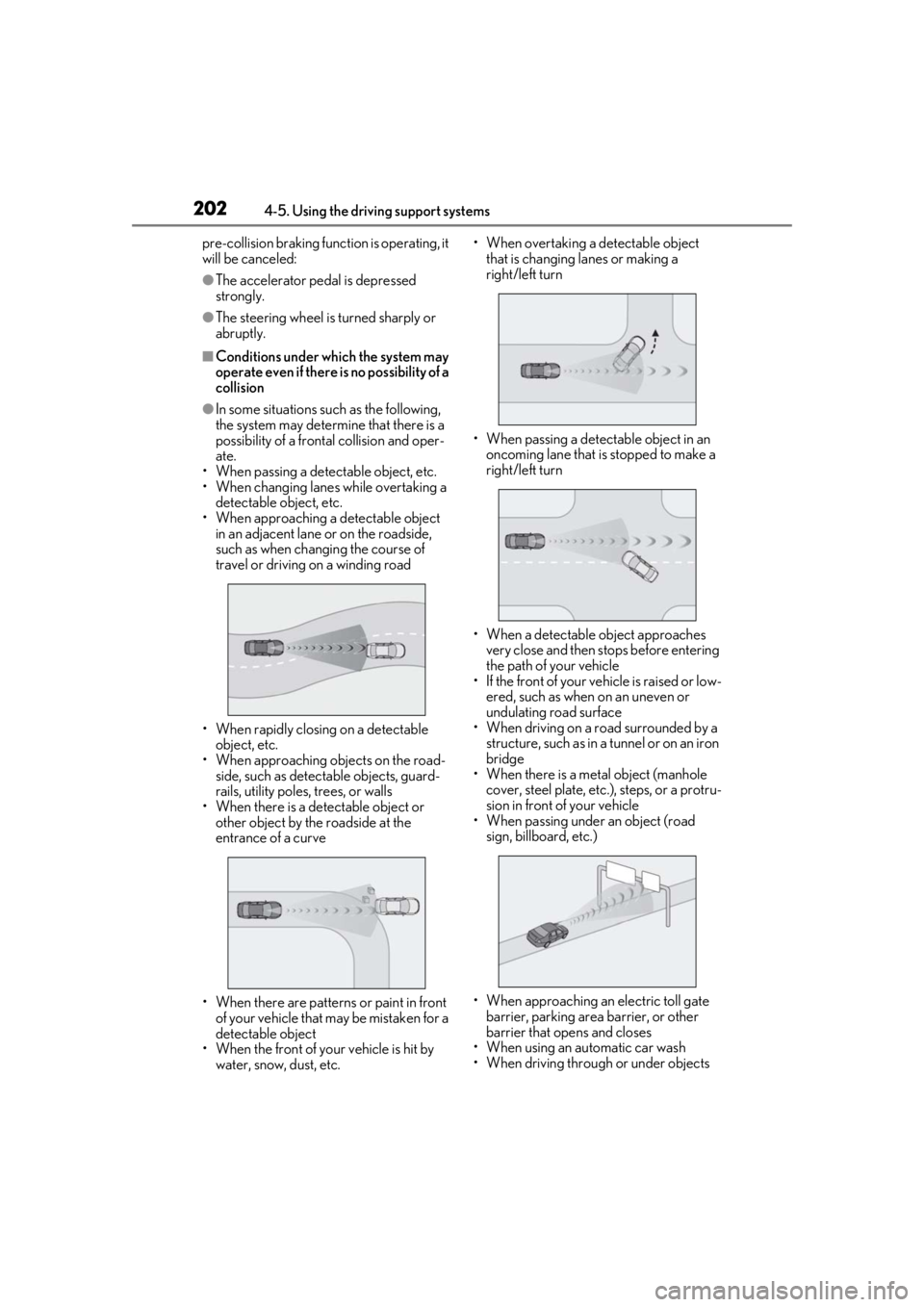 LEXUS UX250H 2019 Owners Manual 2024-5. Using the driving support systems
pre-collision braking function is operating, it
will be canceled:
●The accelerator pedal is depressed
strongly.
●The steering wheel is turned sharply or LEXUS UX250H 2019 Owners Manual 2024-5. Using the driving support systems
pre-collision braking function is operating, it
will be canceled:
●The accelerator pedal is depressed
strongly.
●The steering wheel is turned sharply or