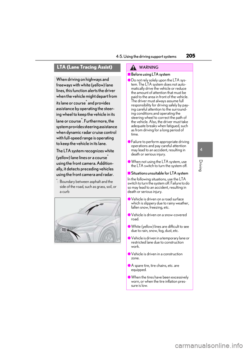 LEXUS UX250H 2019 Owners Manual 2054-5. Using the driving support systems
4
Driving
LTA (Lane Tracing Assist)
When driving on highways and
freeways with white (yellow) lane
lines, this function alerts the driver
when the vehicle LEXUS UX250H 2019 Owners Manual 2054-5. Using the driving support systems
4
Driving
LTA (Lane Tracing Assist)
When driving on highways and
freeways with white (yellow) lane
lines, this function alerts the driver
when the vehicle
