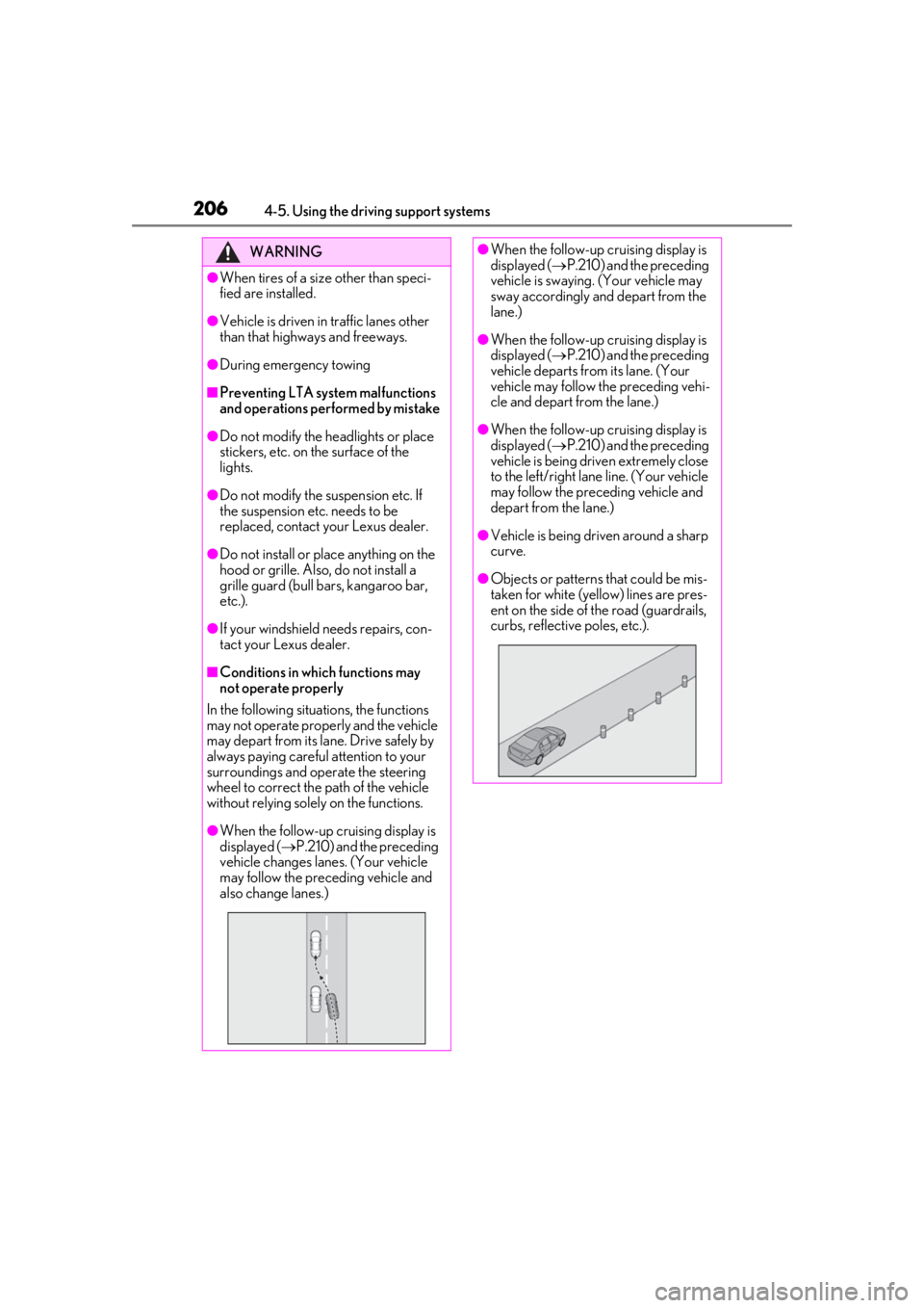 LEXUS UX250H 2019 Owners Manual 2064-5. Using the driving support systems
WARNING
●When tires of a size other than speci-
fied are installed.
●Vehicle is driven in traffic lanes other
than that highways and freeways.
●During LEXUS UX250H 2019 Owners Manual 2064-5. Using the driving support systems
WARNING
●When tires of a size other than speci-
fied are installed.
●Vehicle is driven in traffic lanes other
than that highways and freeways.
●During